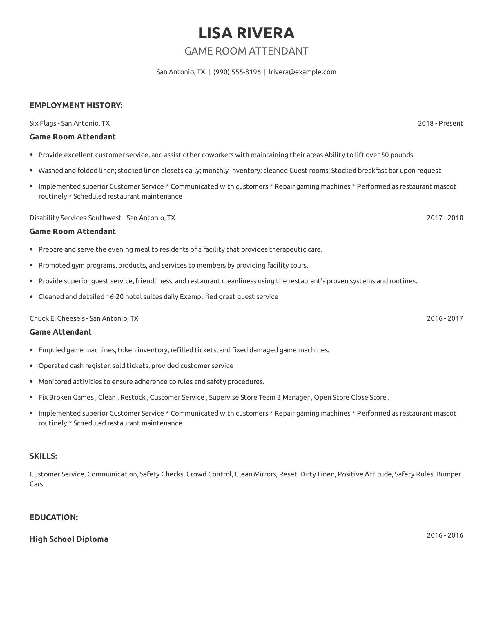 Game Room Attendant resume example