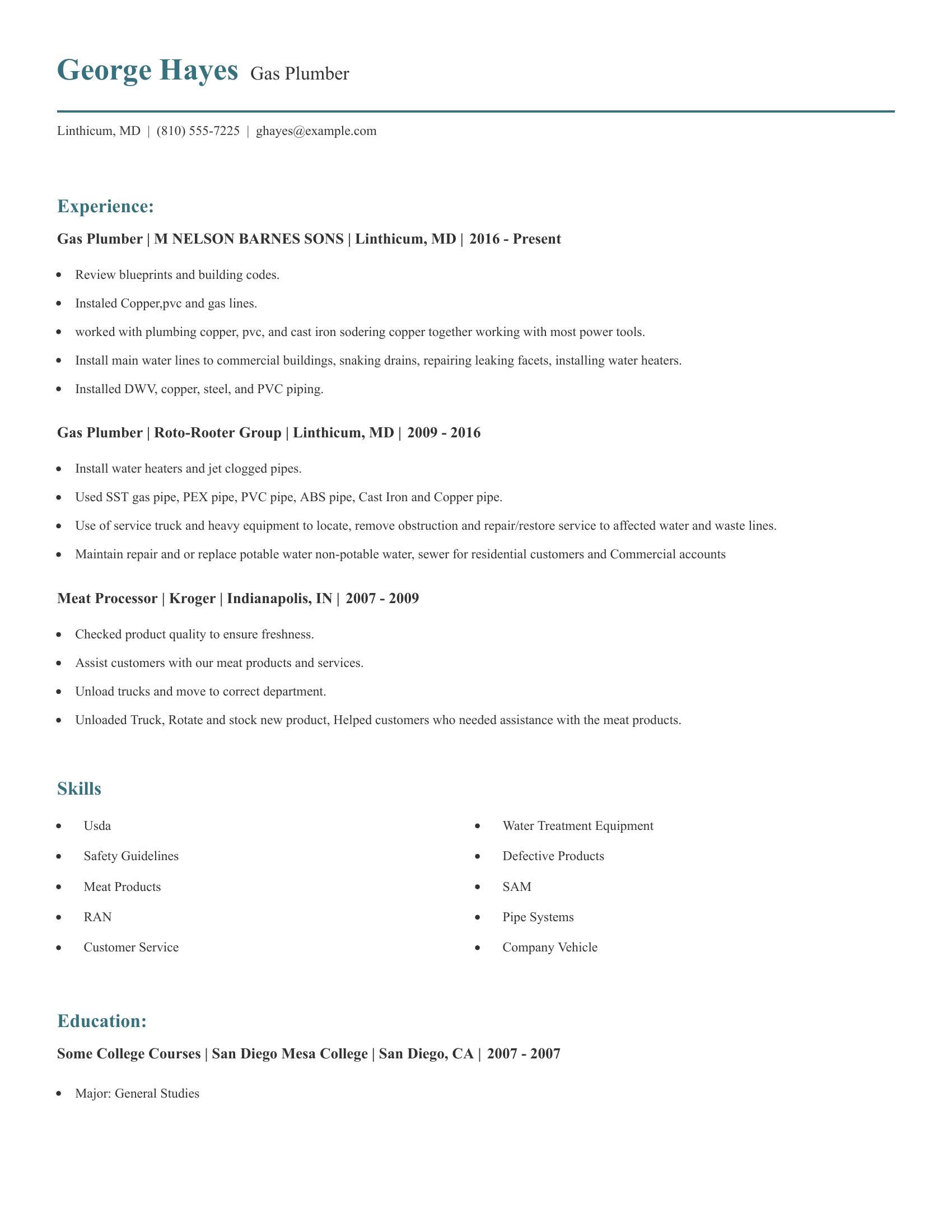 Gas Plumber resume example