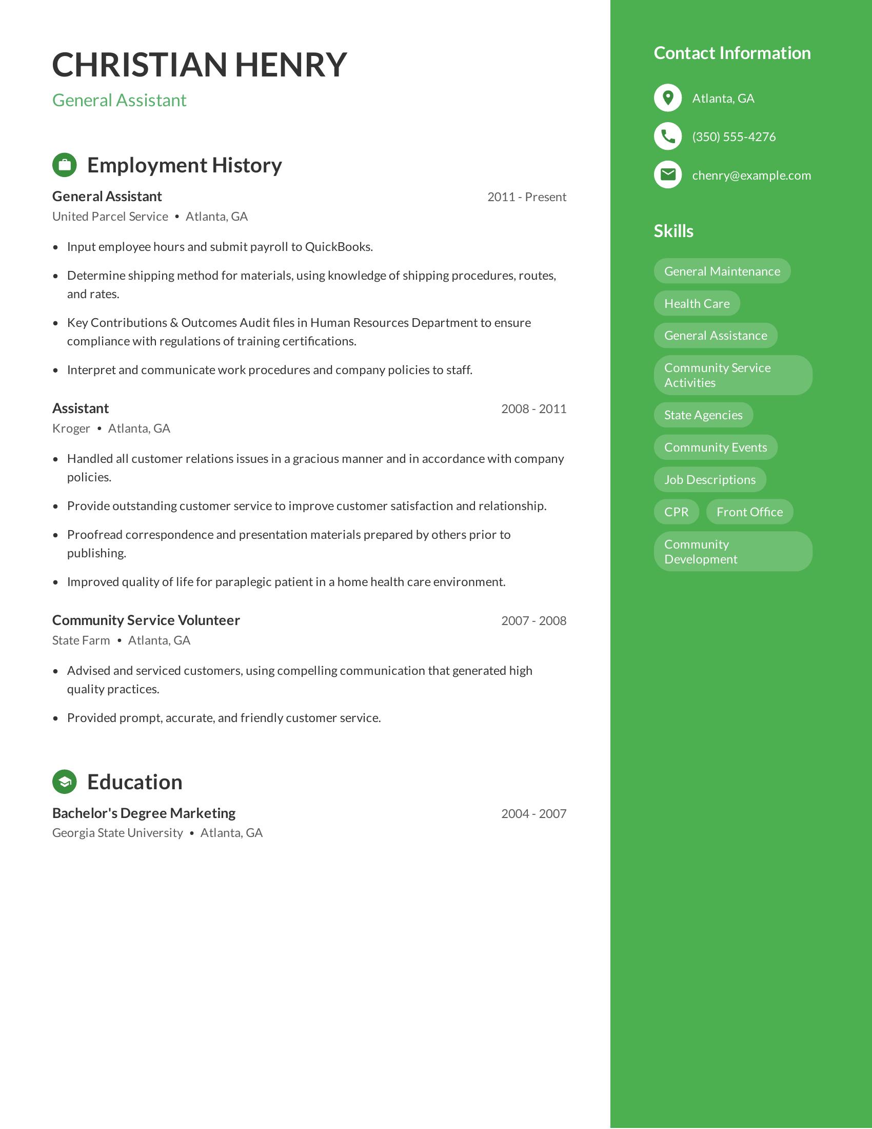 General Assistant resume example