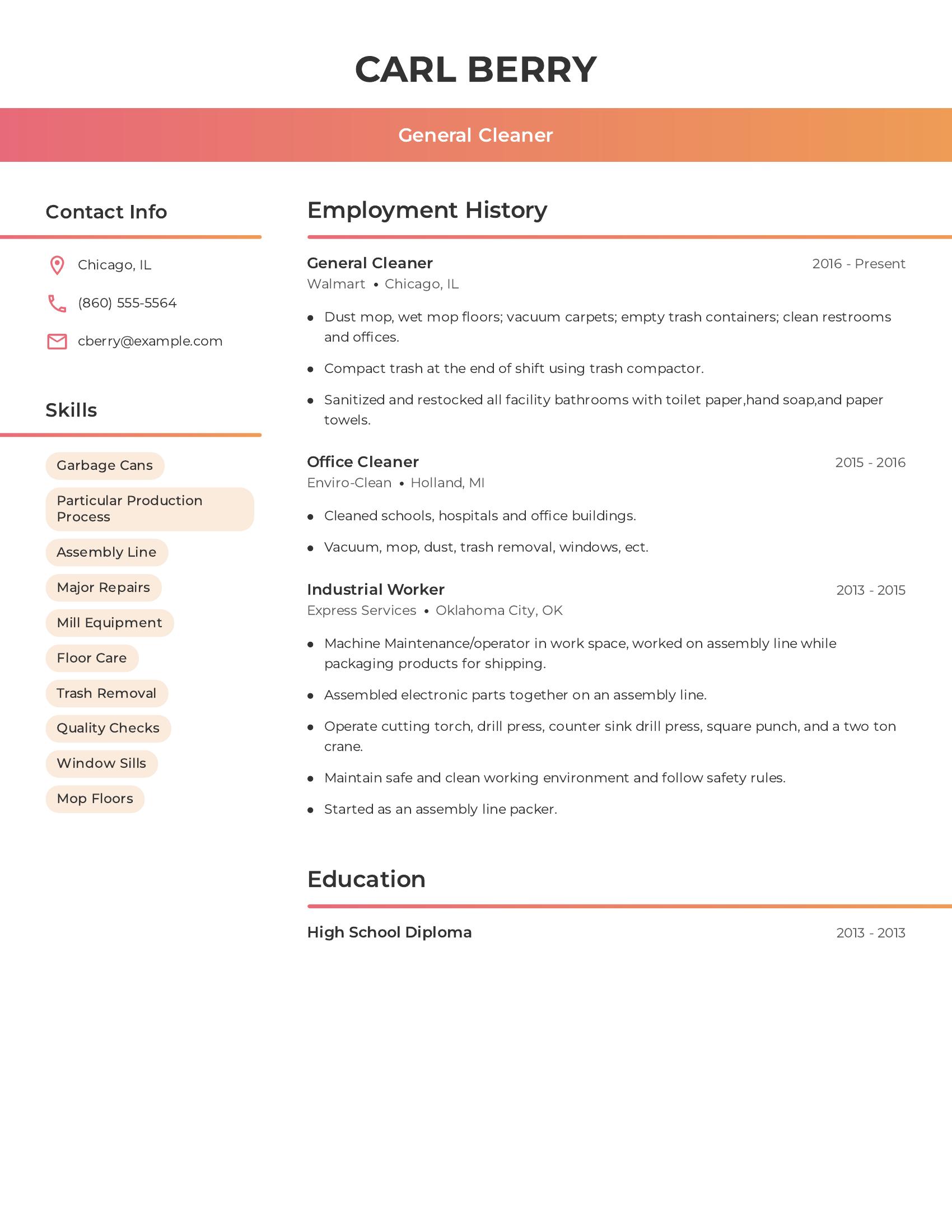 General Cleaner resume example