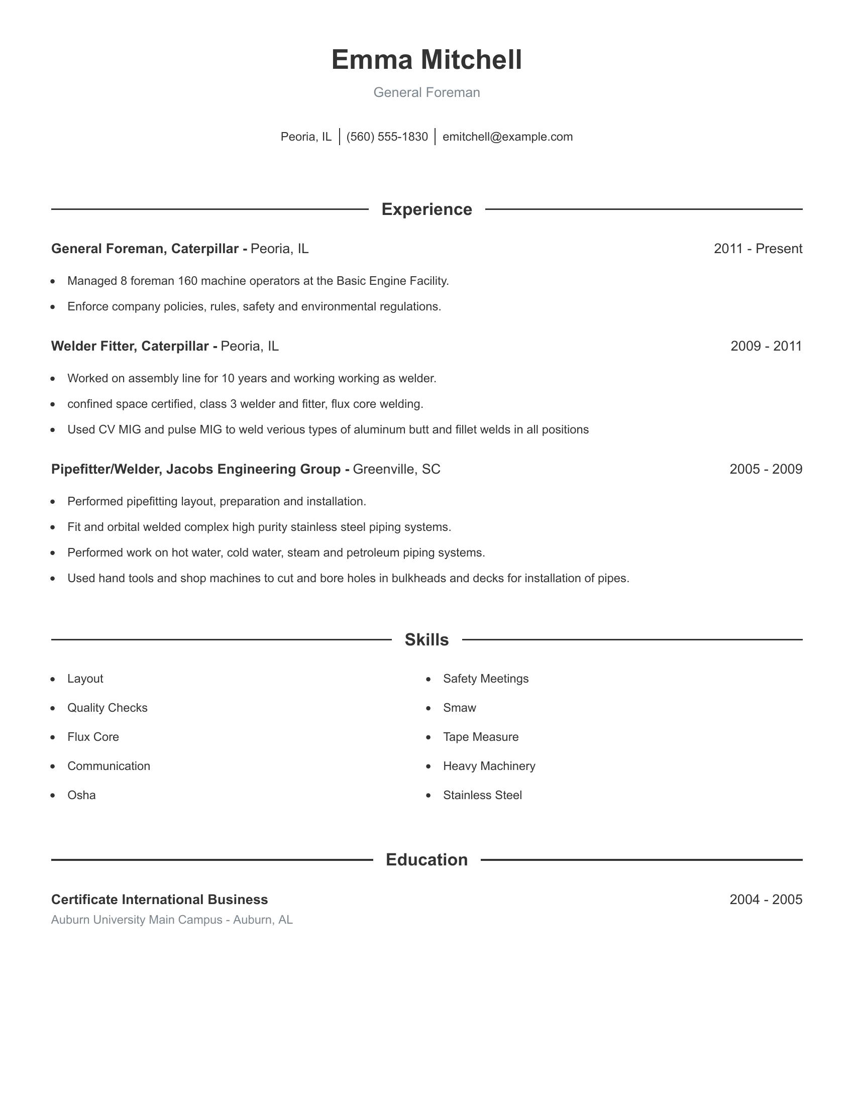 General Foreman resume example