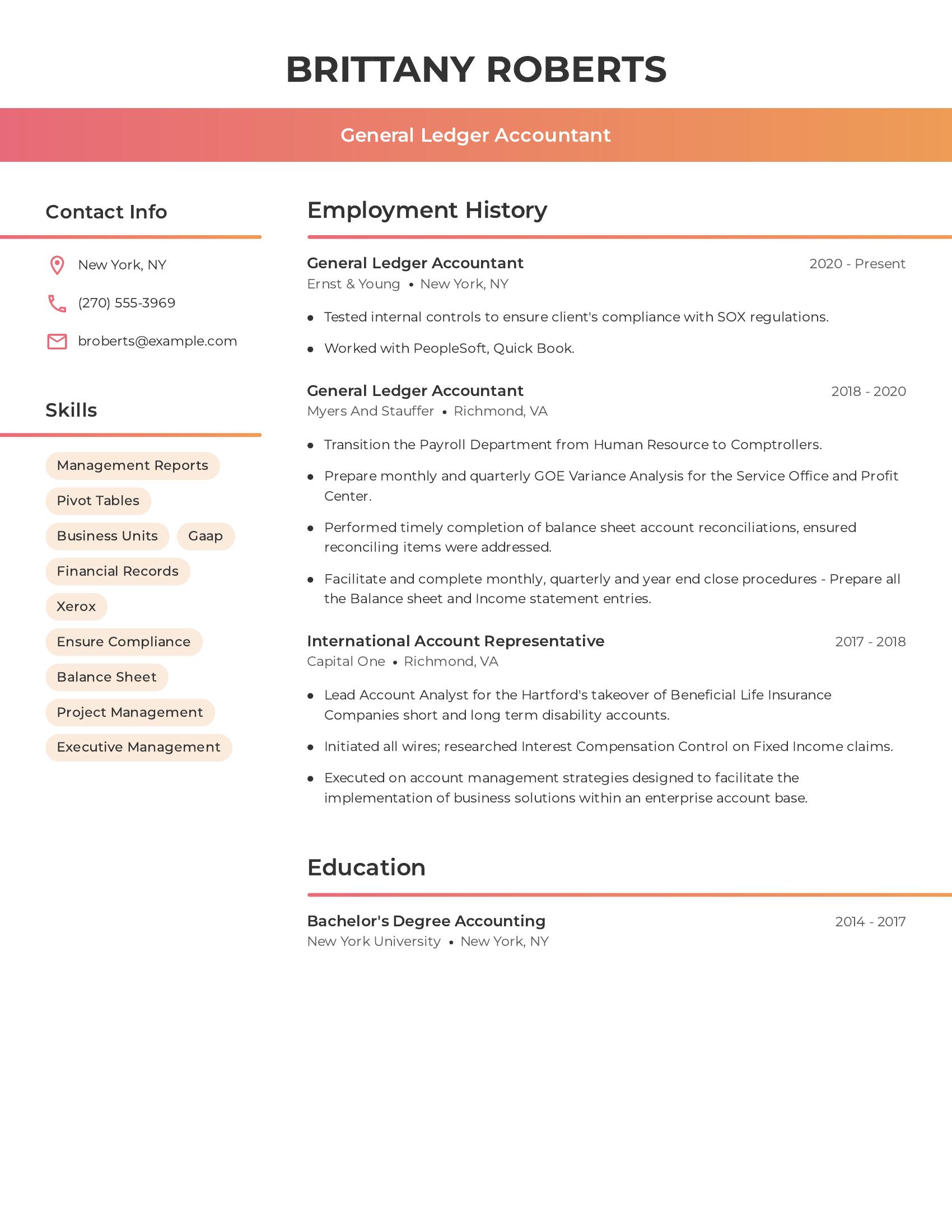 General Ledger Accountant resume example