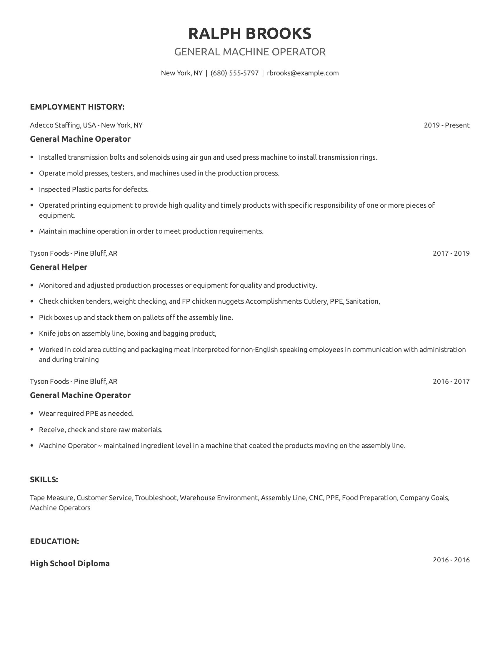 General Machine Operator resume example