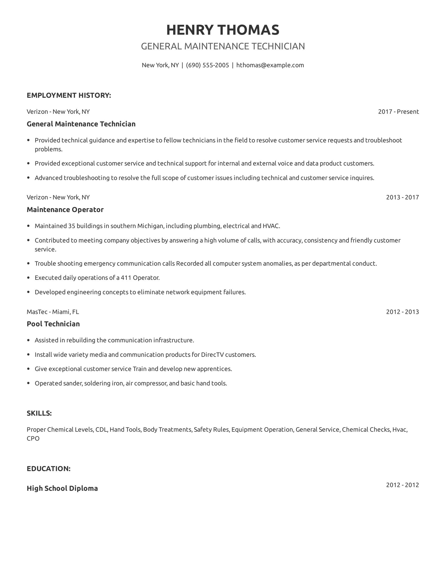 General Maintenance Technician resume example