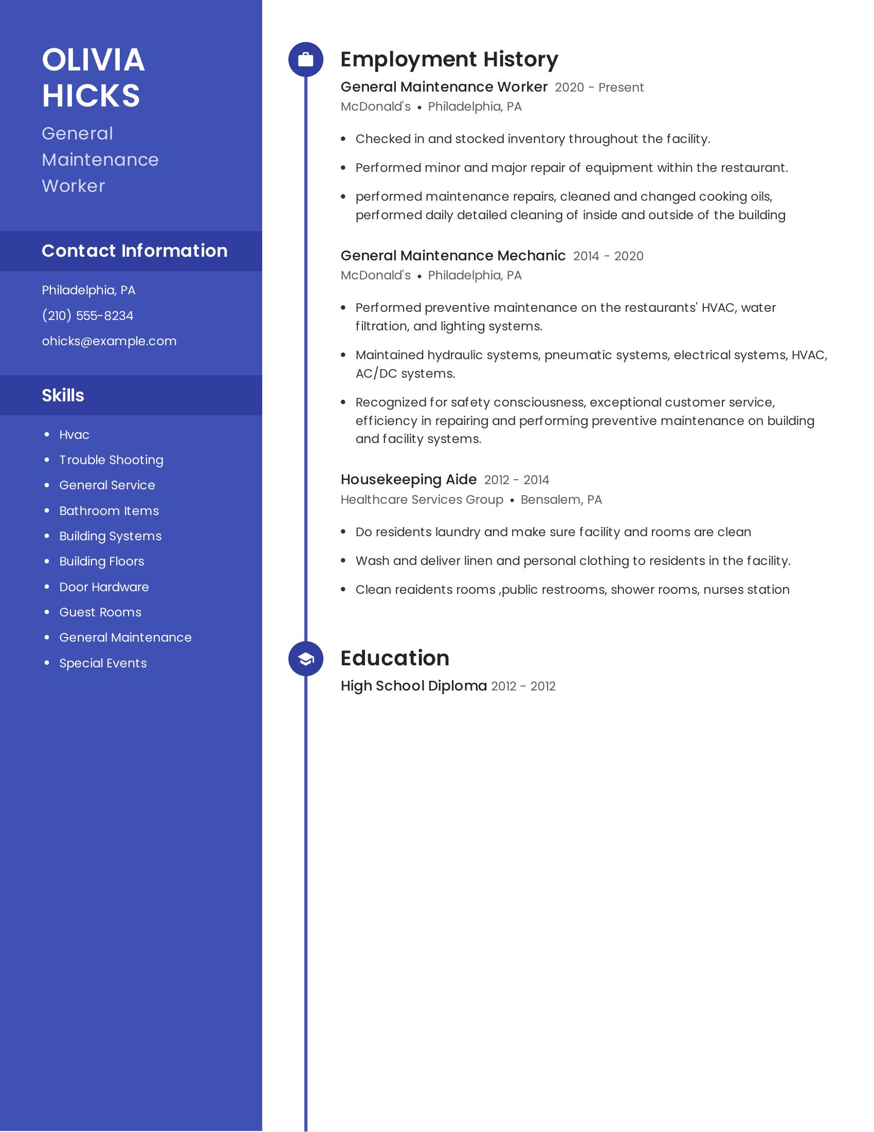 General Maintenance Worker resume example