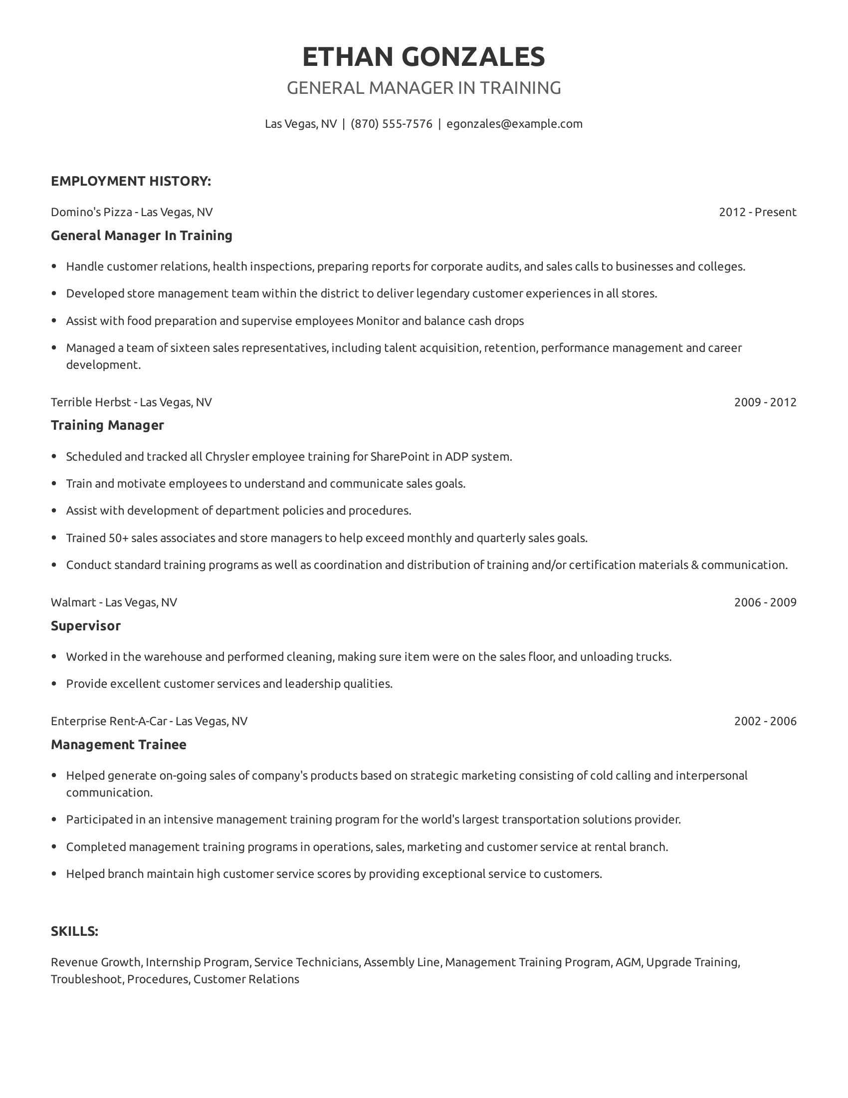 General Manager In Training resume example