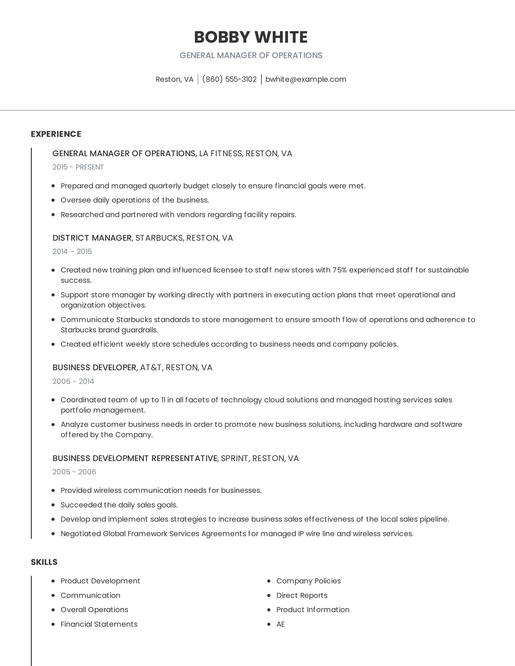 General Manager Of Operations resume example