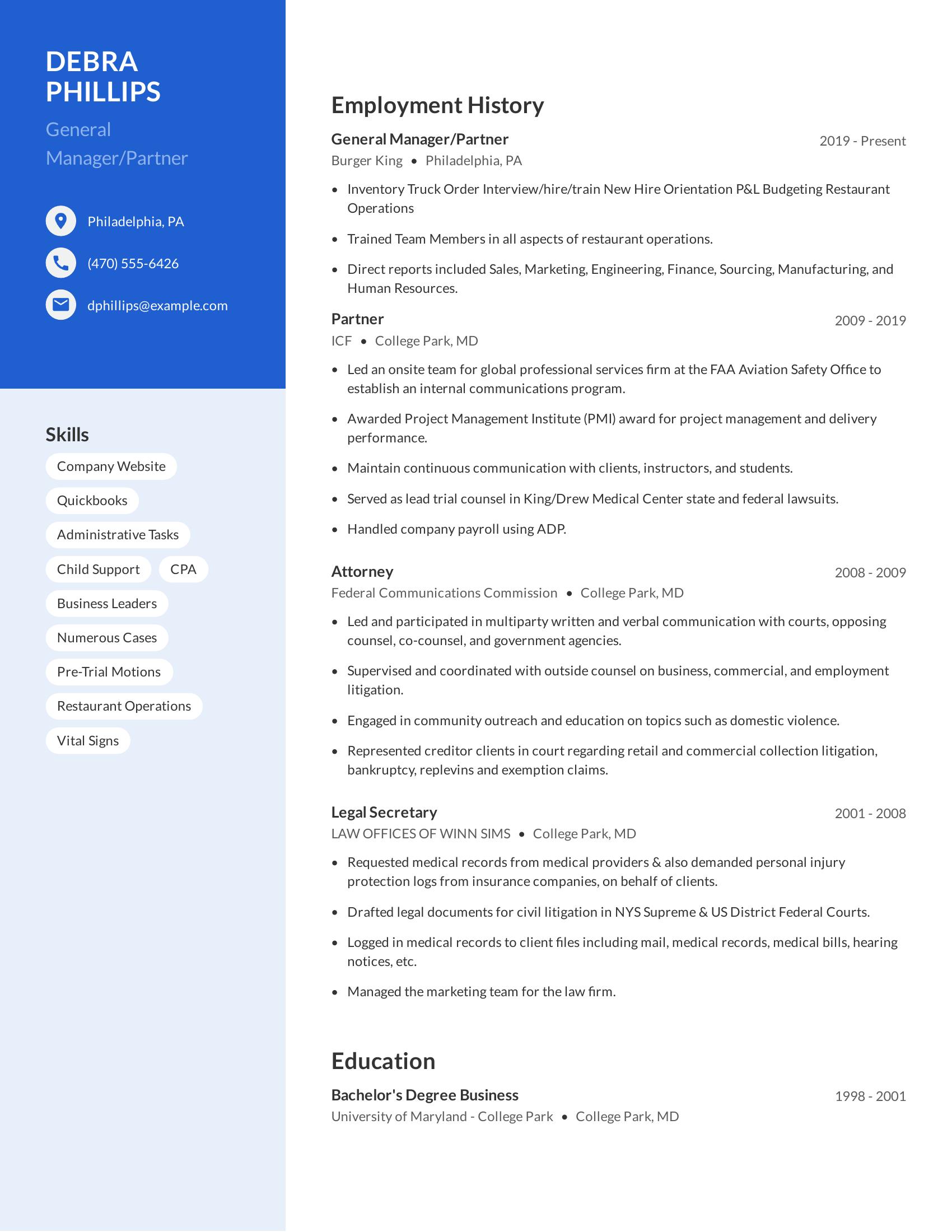 General Manager/Partner resume example