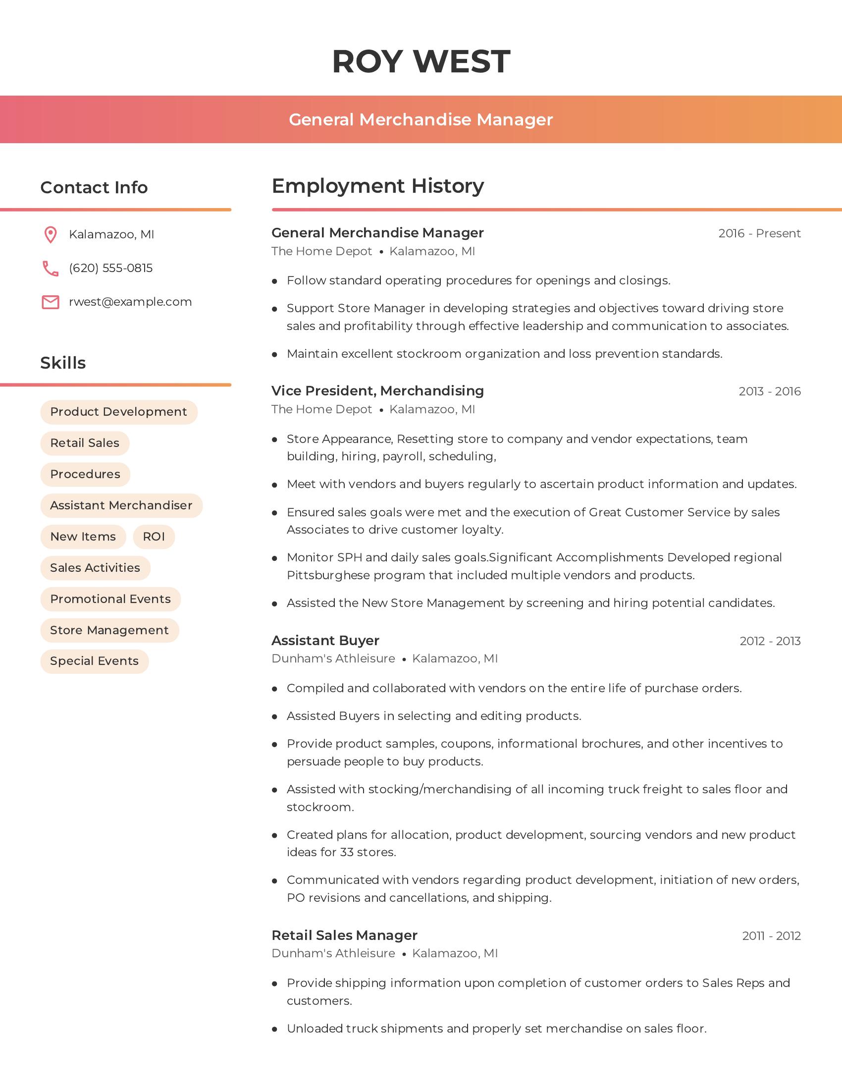 General Merchandise Manager resume example