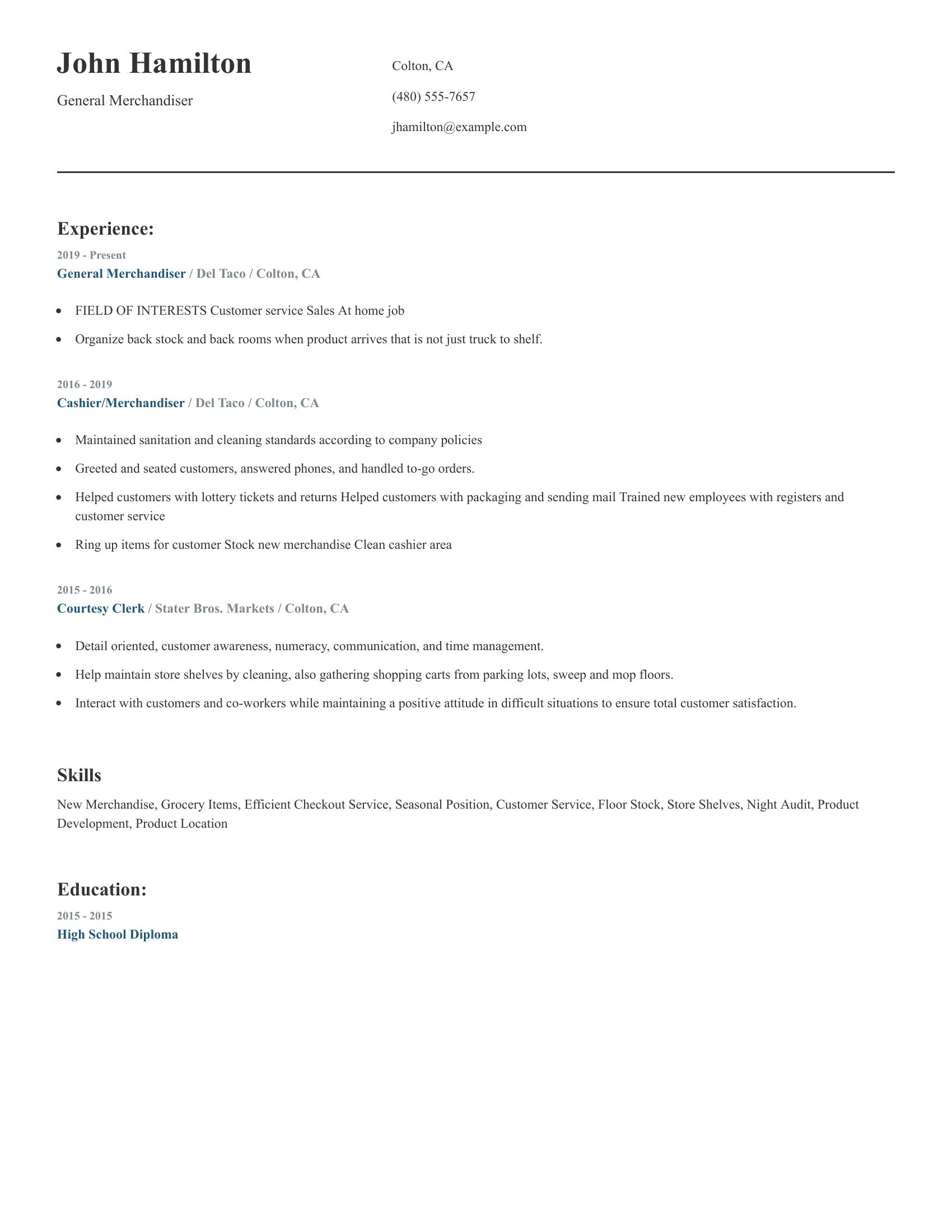 General Merchandiser resume example