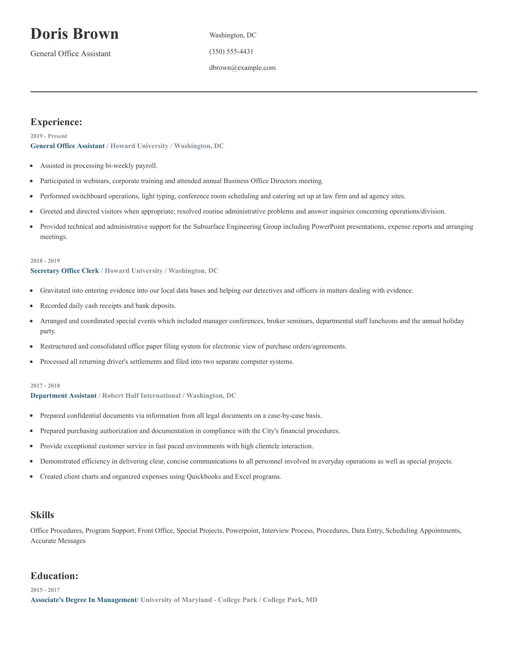 General Office Assistant resume example