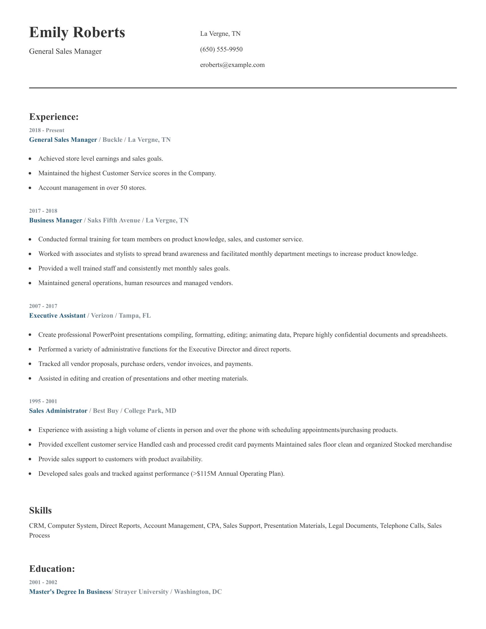 General Sales Manager resume example