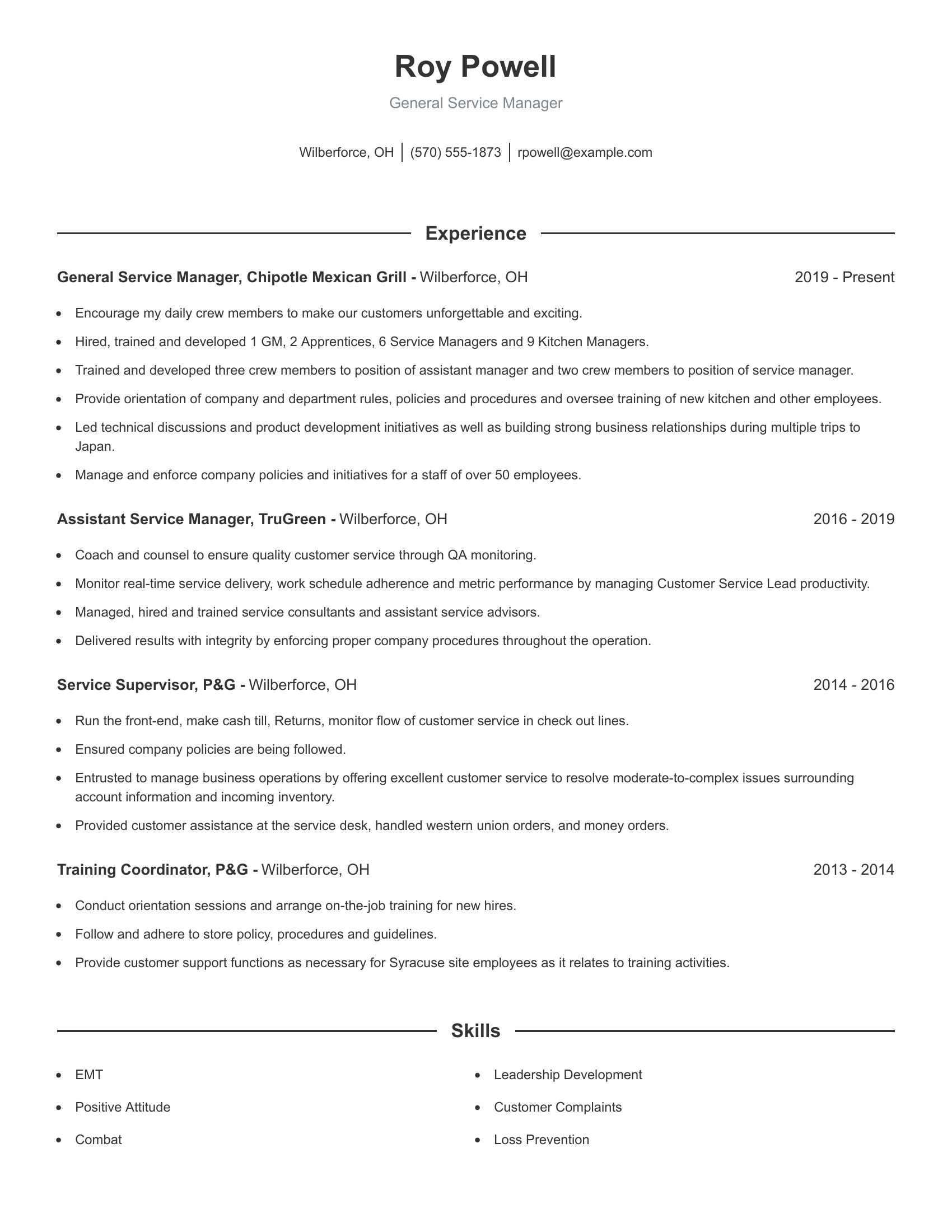 General Service Manager resume example