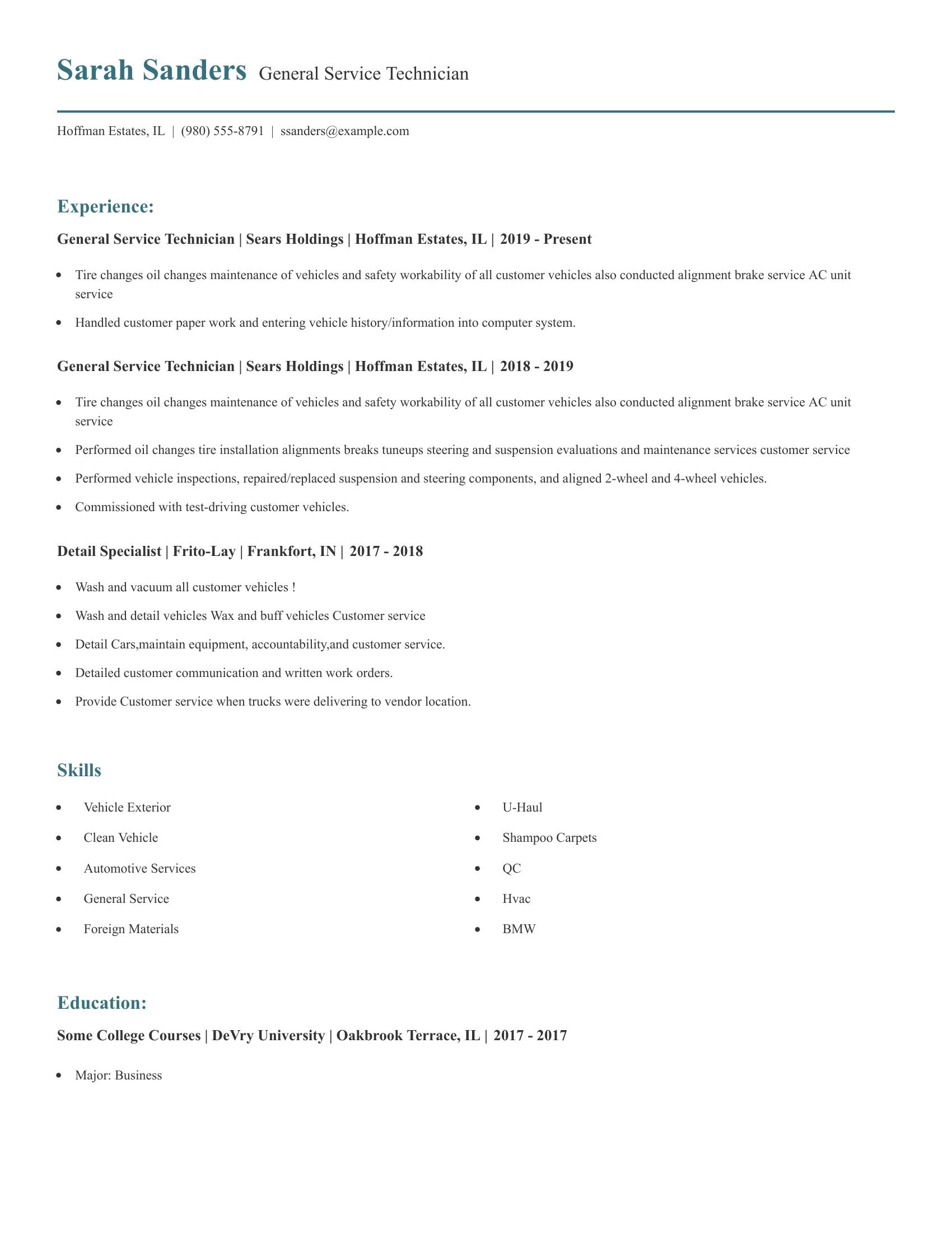 General Service Technician resume example