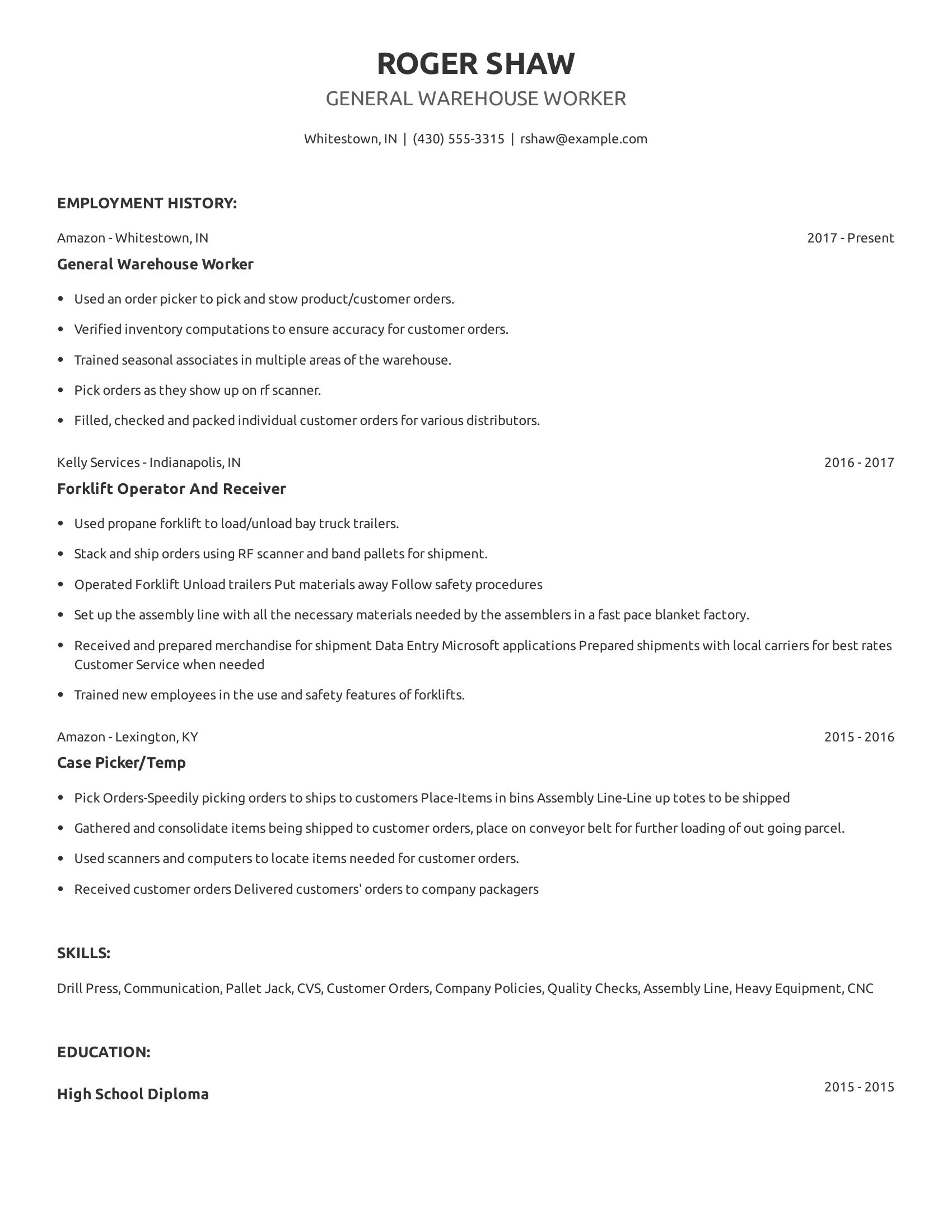 General Warehouse Worker resume example