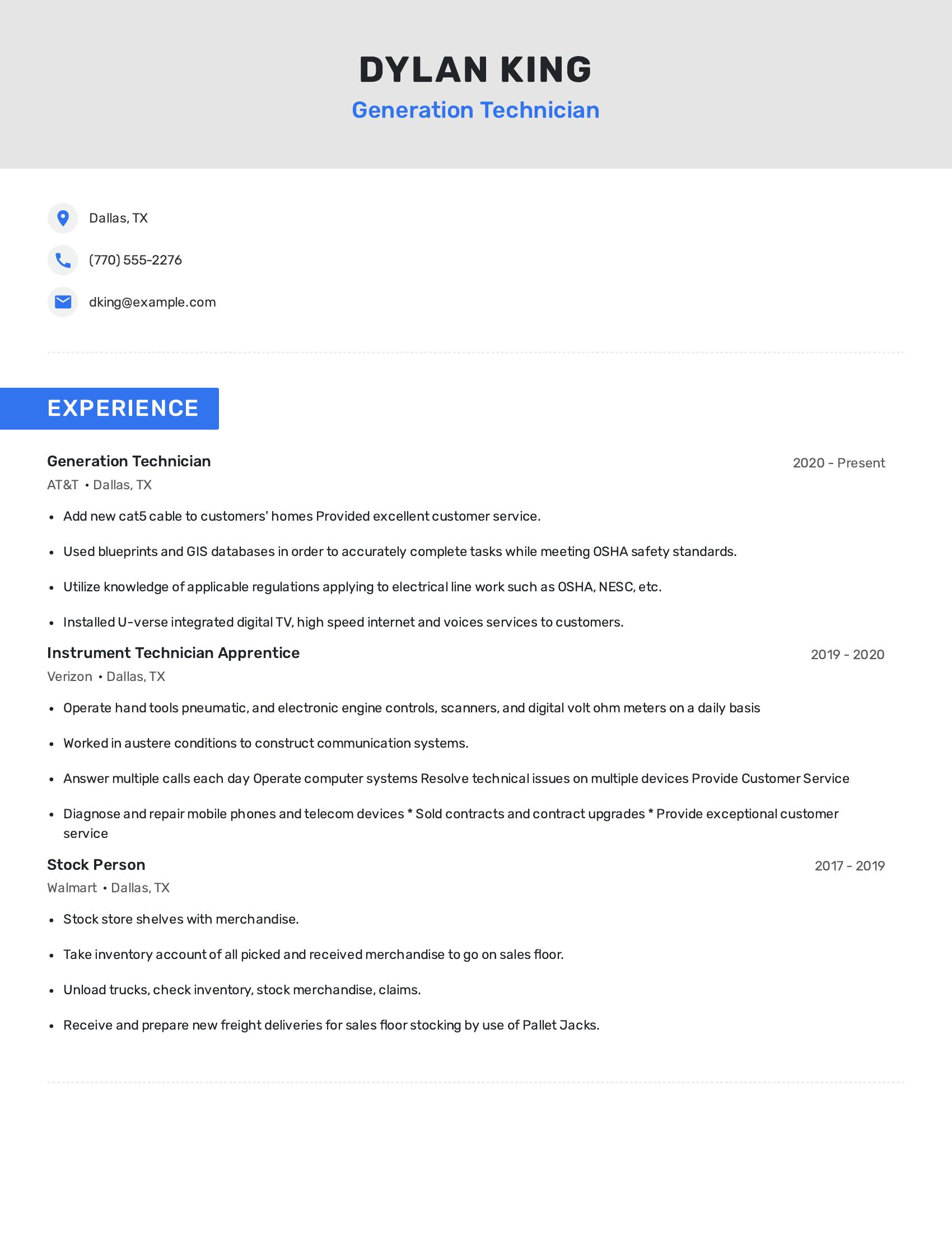Generation Technician resume example
