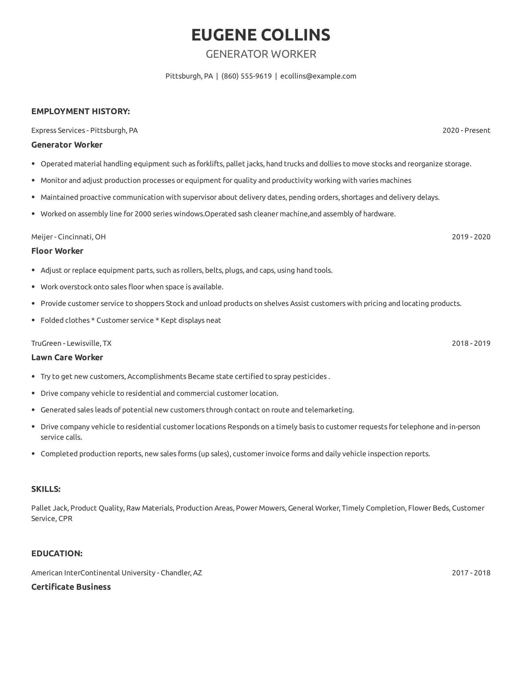 Generator Worker resume example