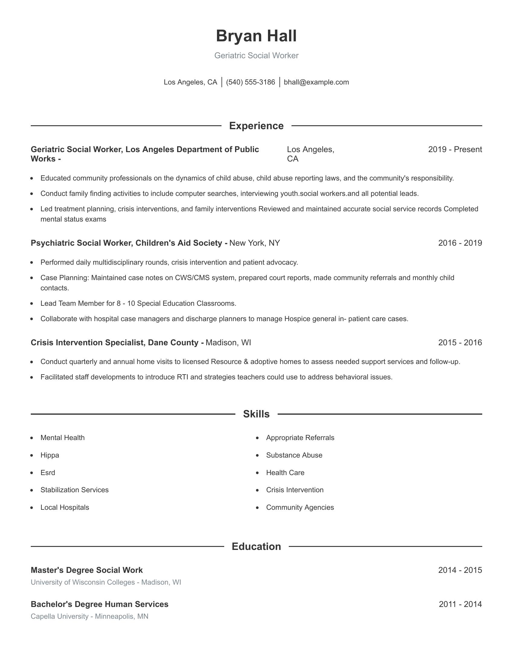 Geriatric Social Worker resume example