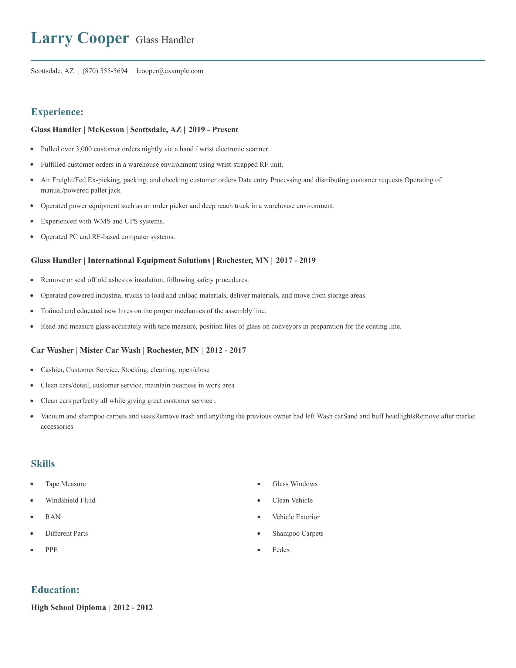 Glass Handler resume example