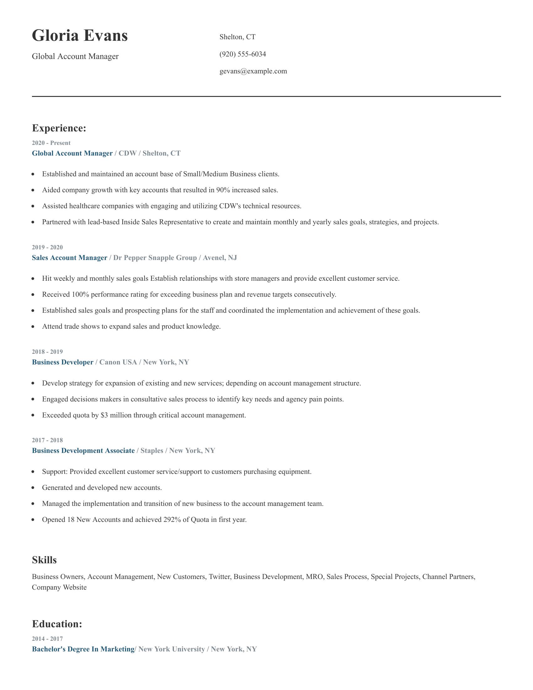 Global Account Manager resume example