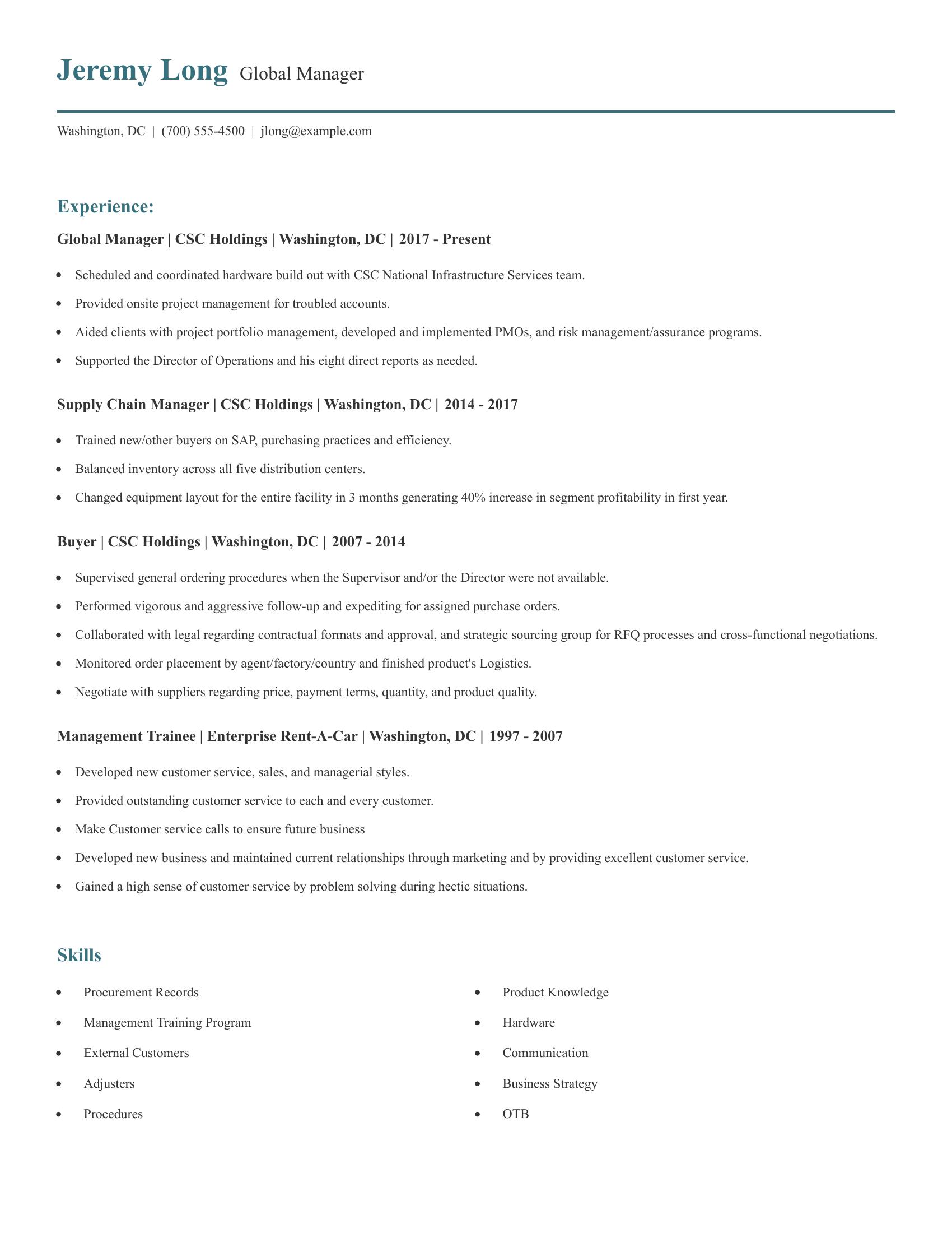 Global Manager resume example