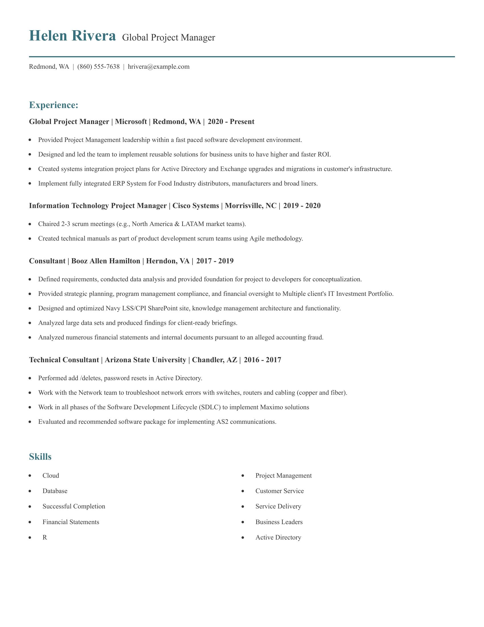 Global Project Manager resume example