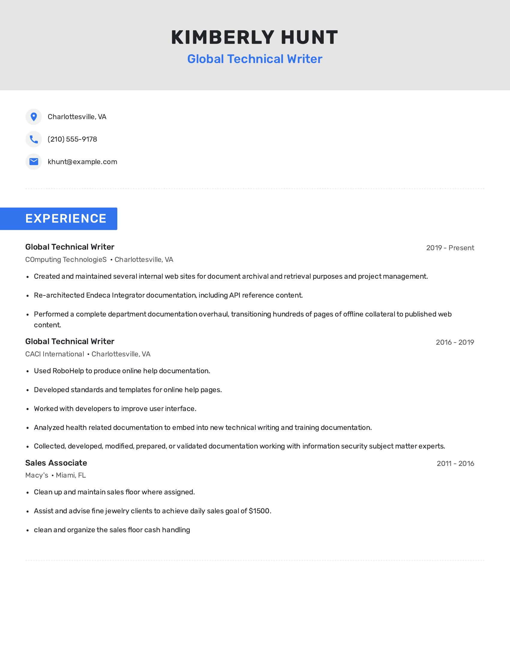 Global Technical Writer resume example