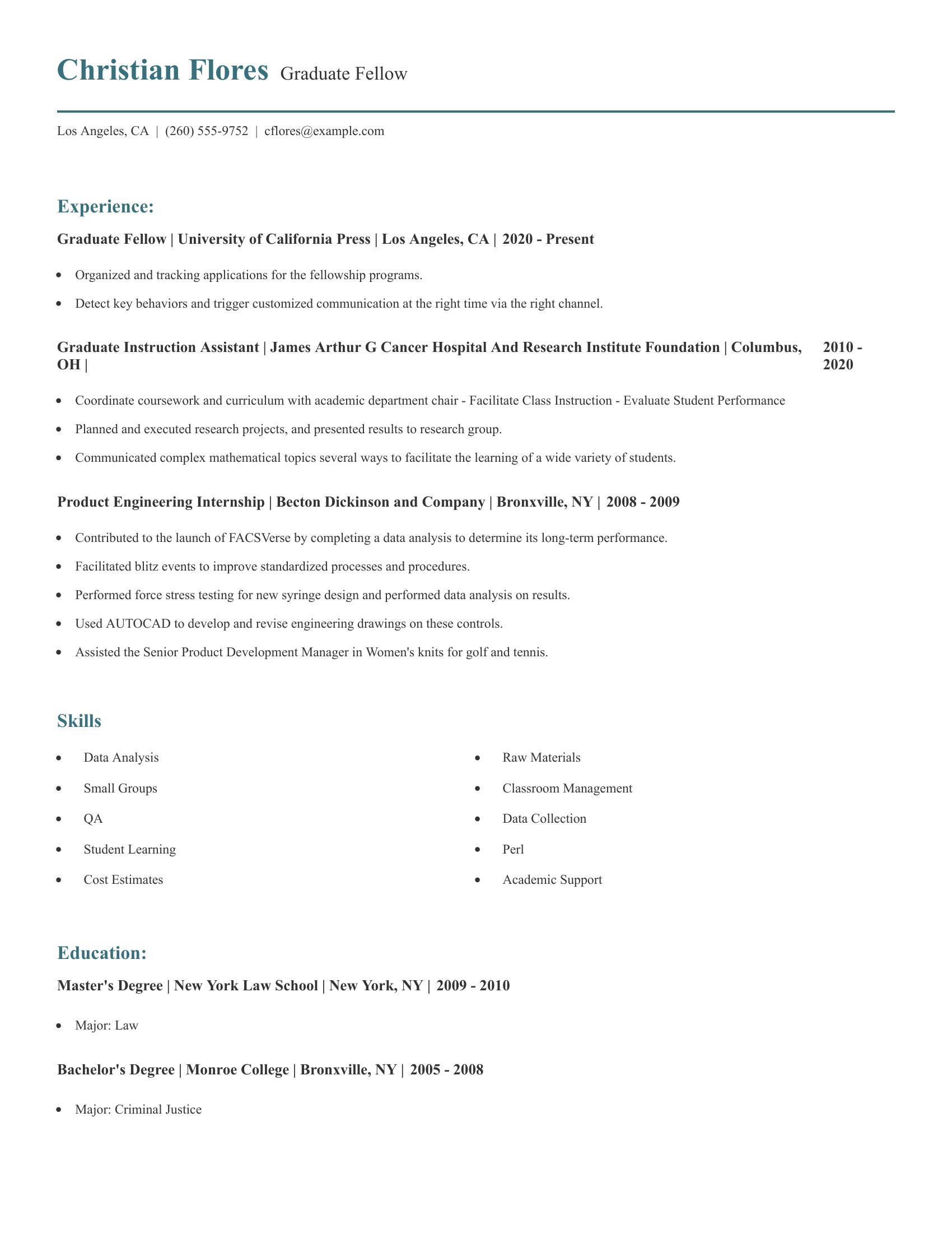 Graduate Fellow resume example