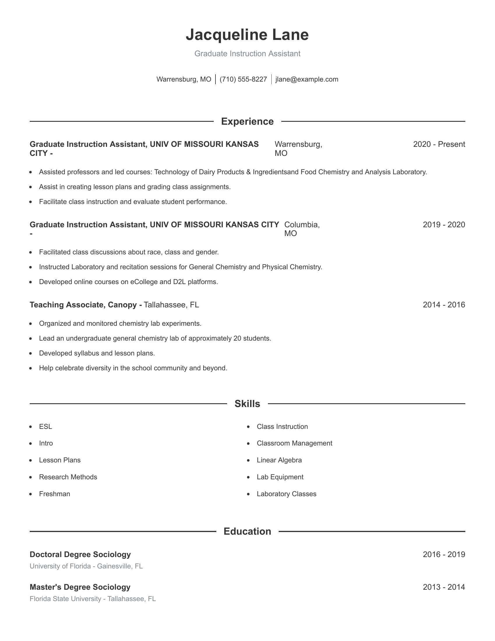 Graduate Instruction Assistant resume example