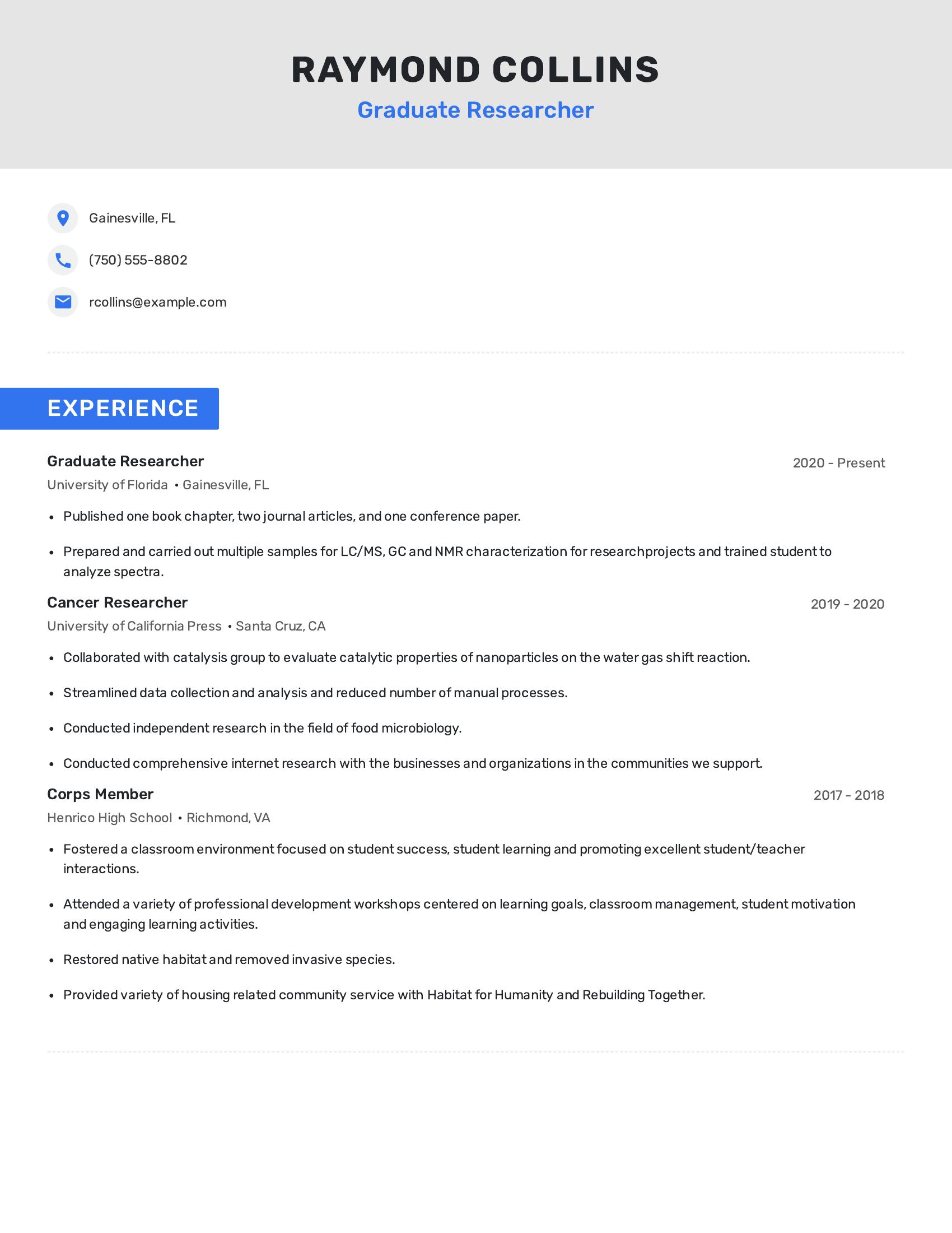 Graduate Researcher resume example