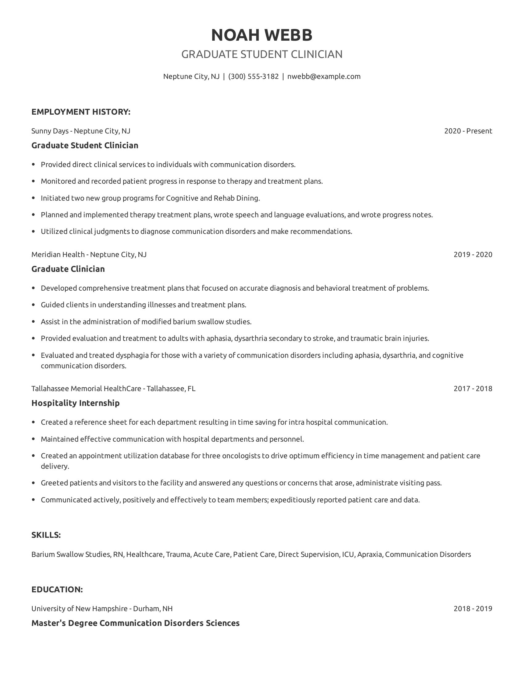 Graduate Student Clinician resume example