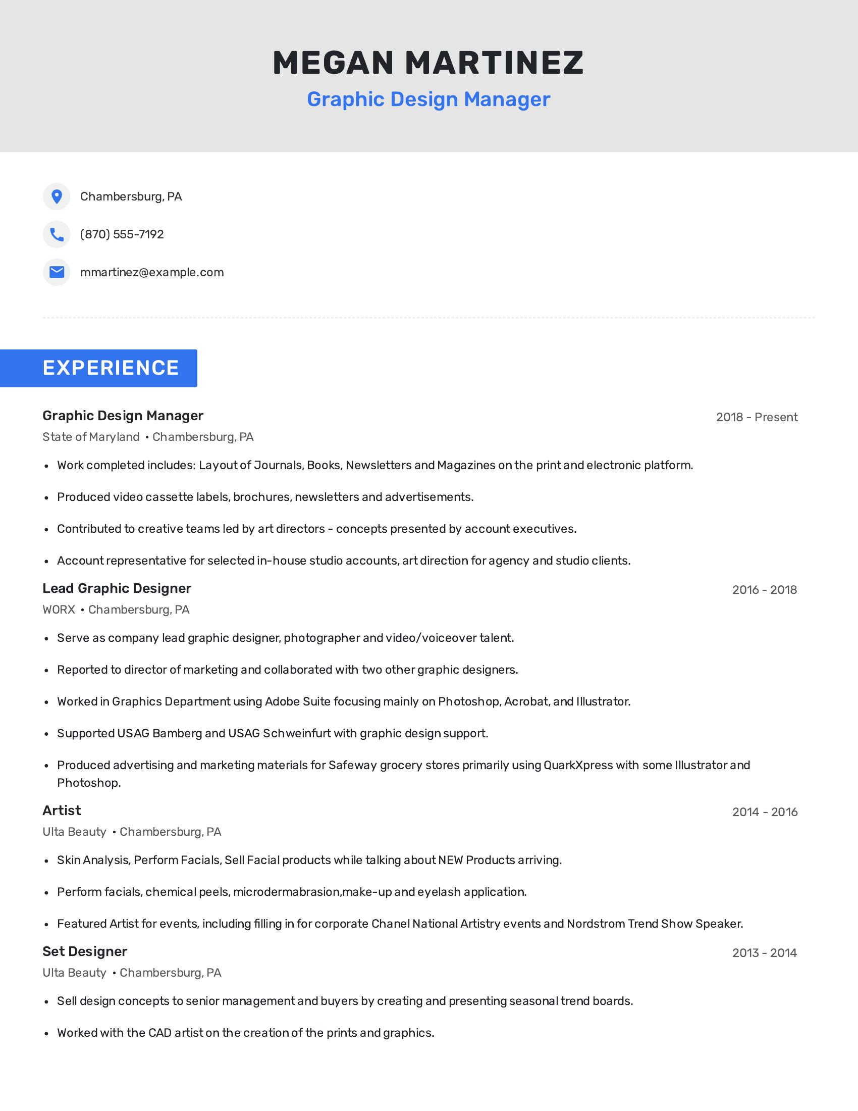 Graphic Design Manager resume example