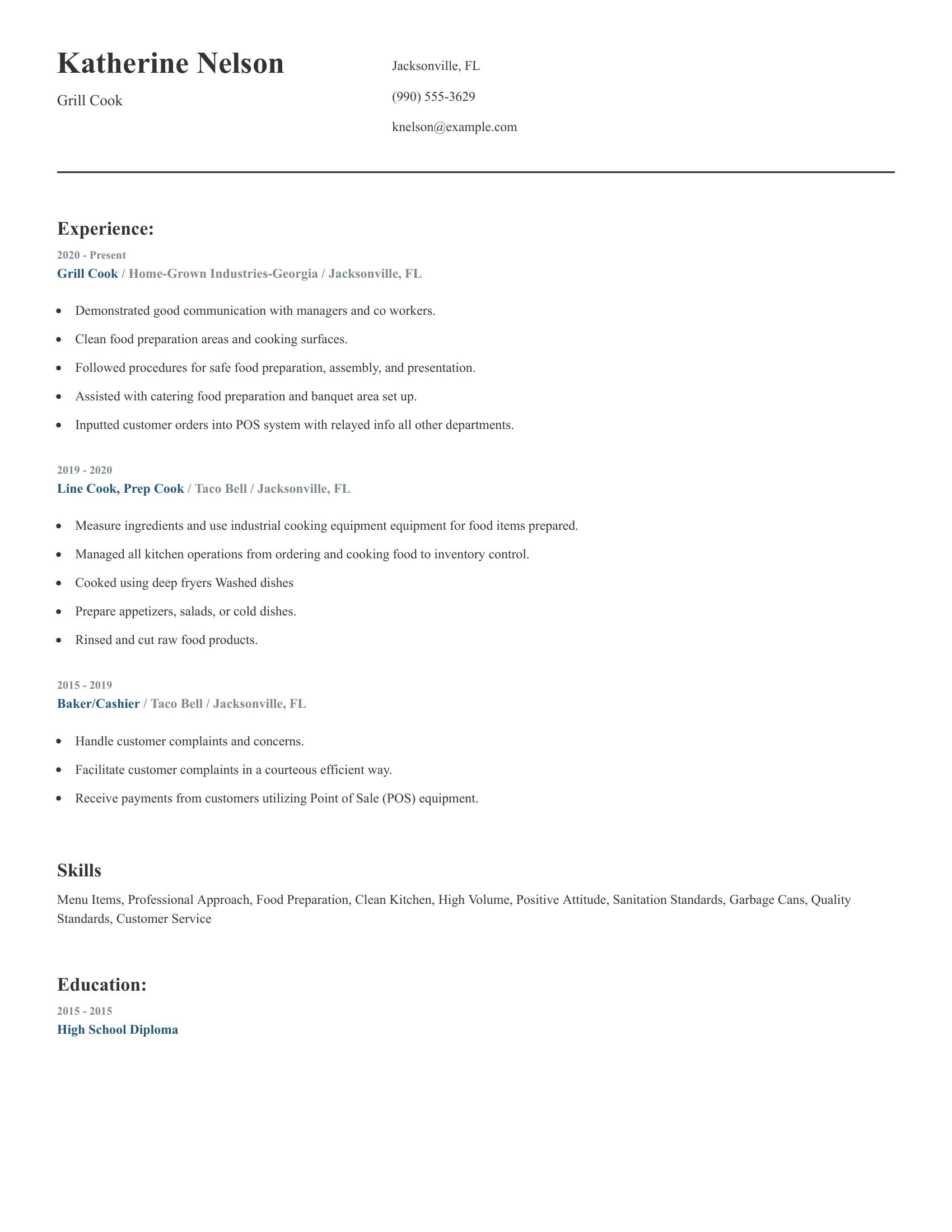 Grill Cook resume example