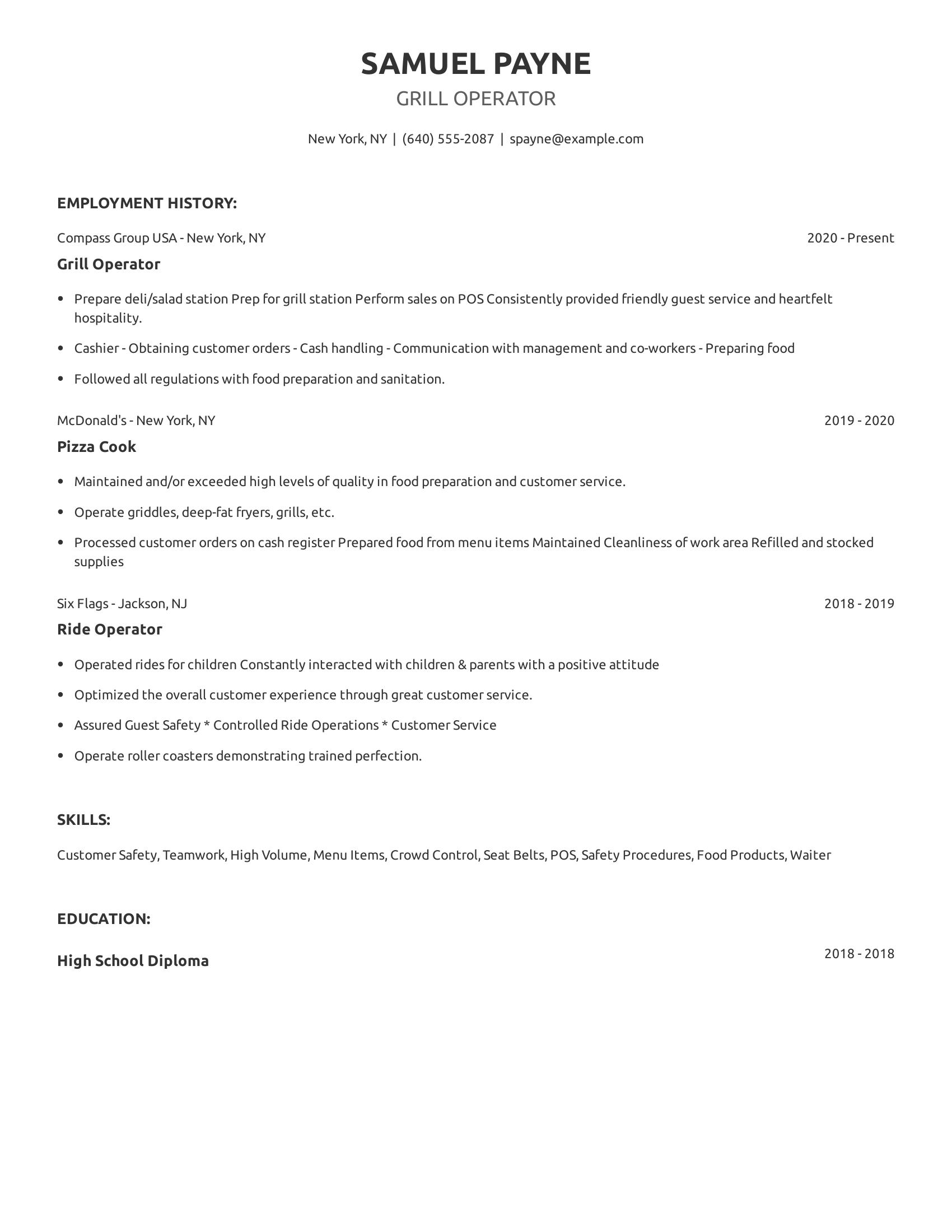 Grill Operator resume example