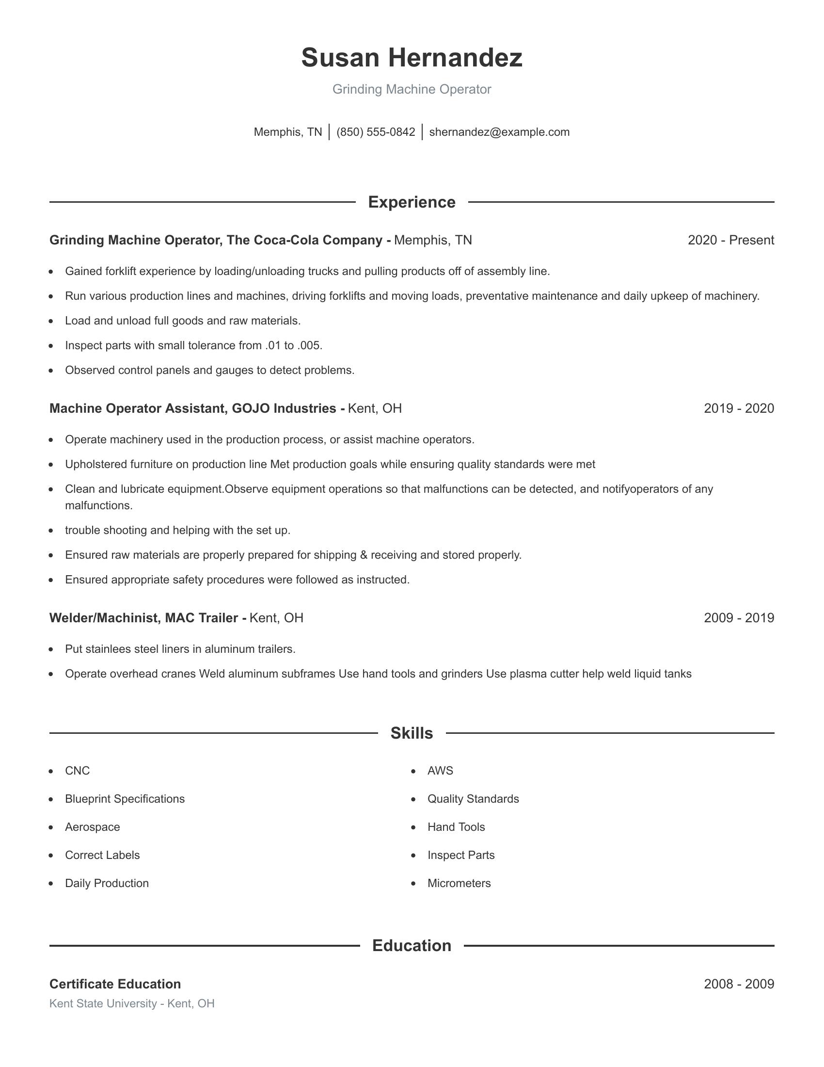 Grinding Machine Operator resume example