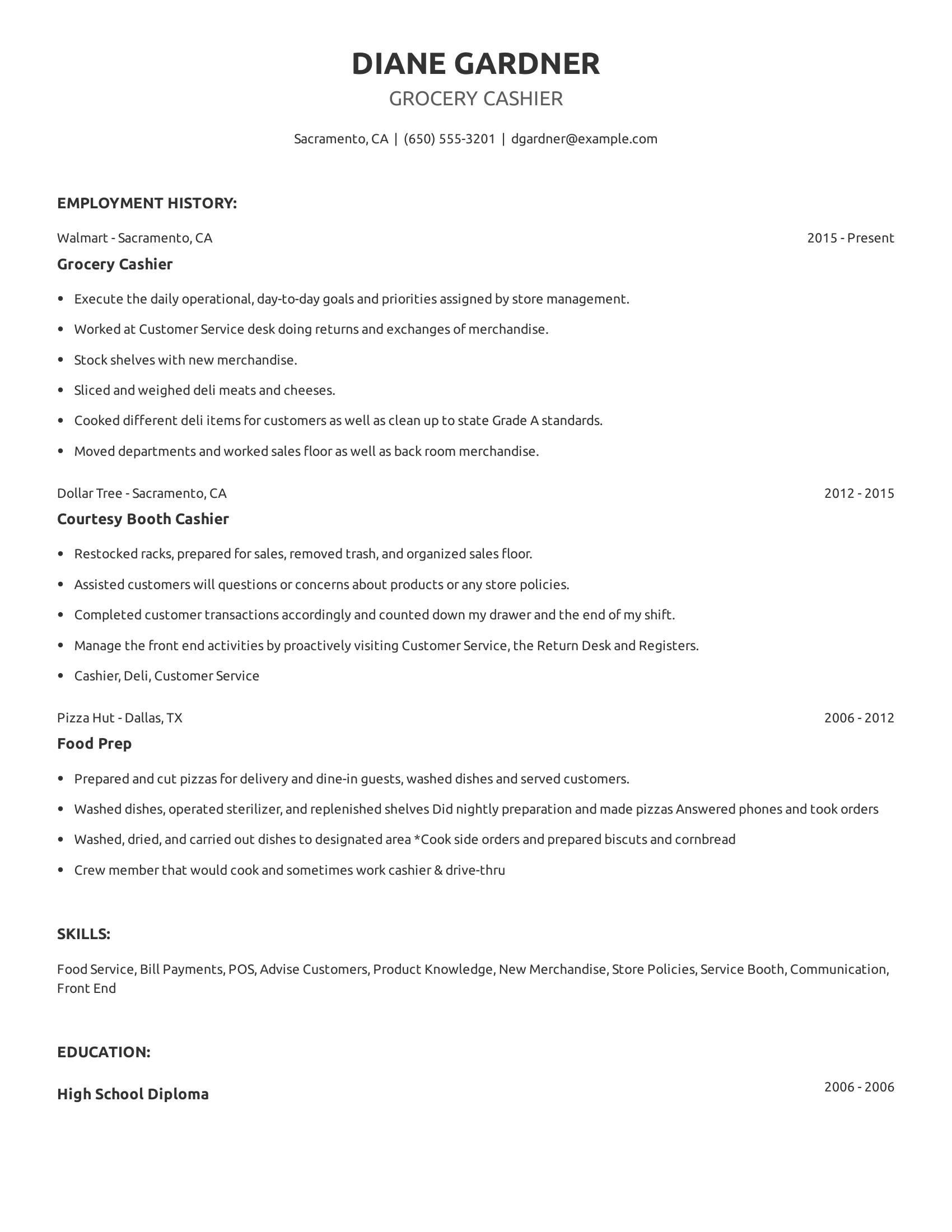 Grocery Cashier resume example