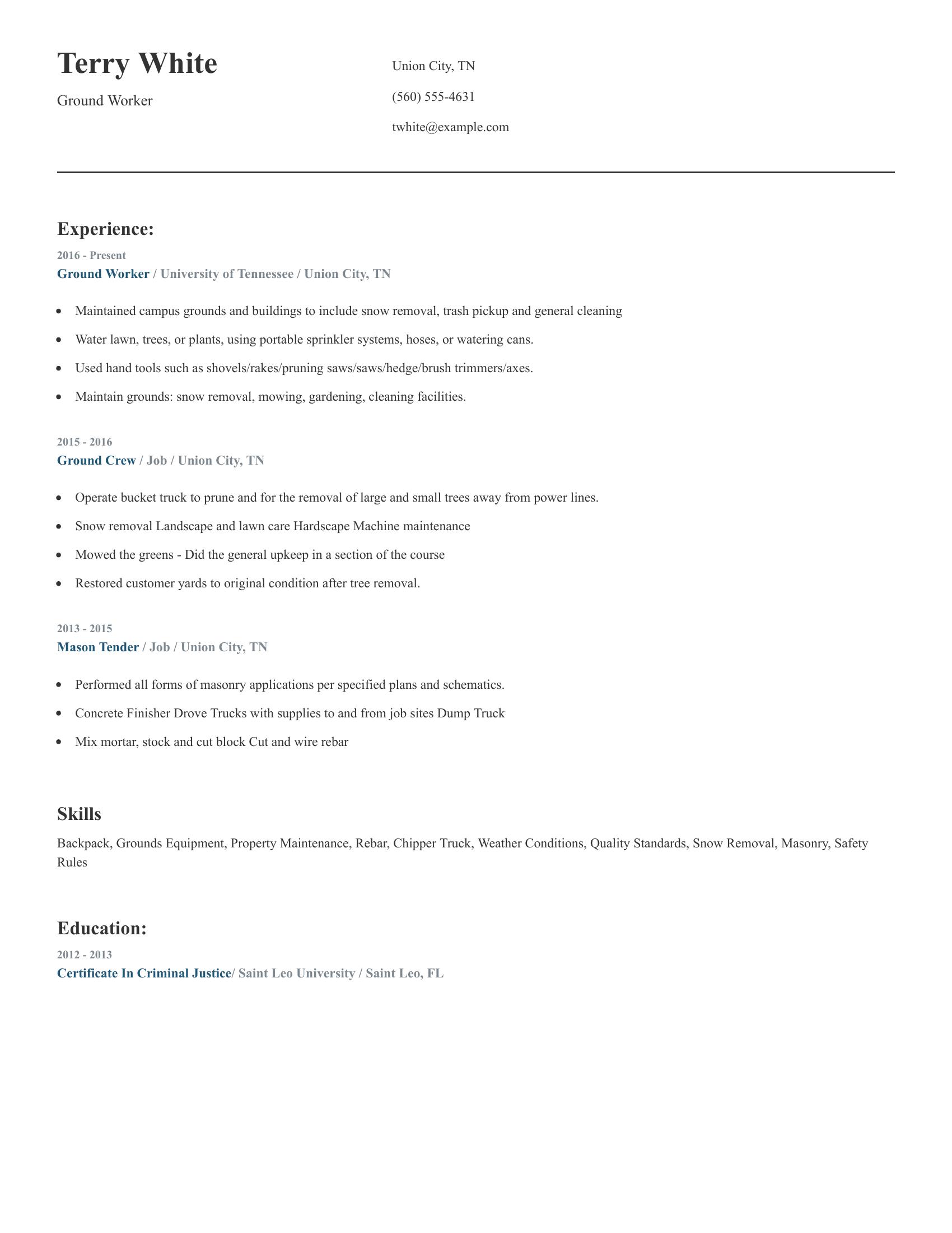 Ground Worker resume example