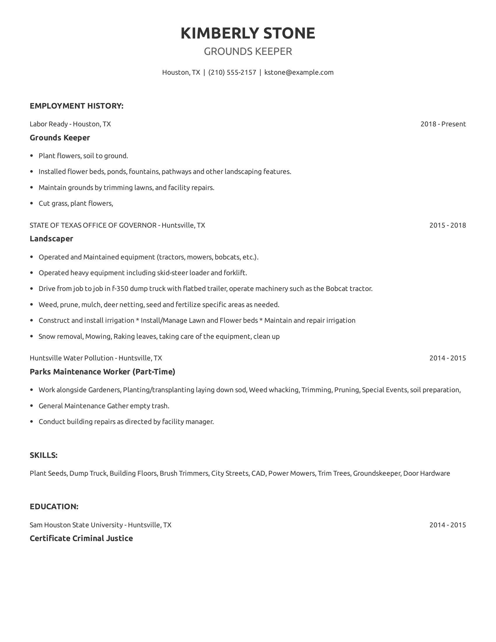 Grounds Keeper resume example