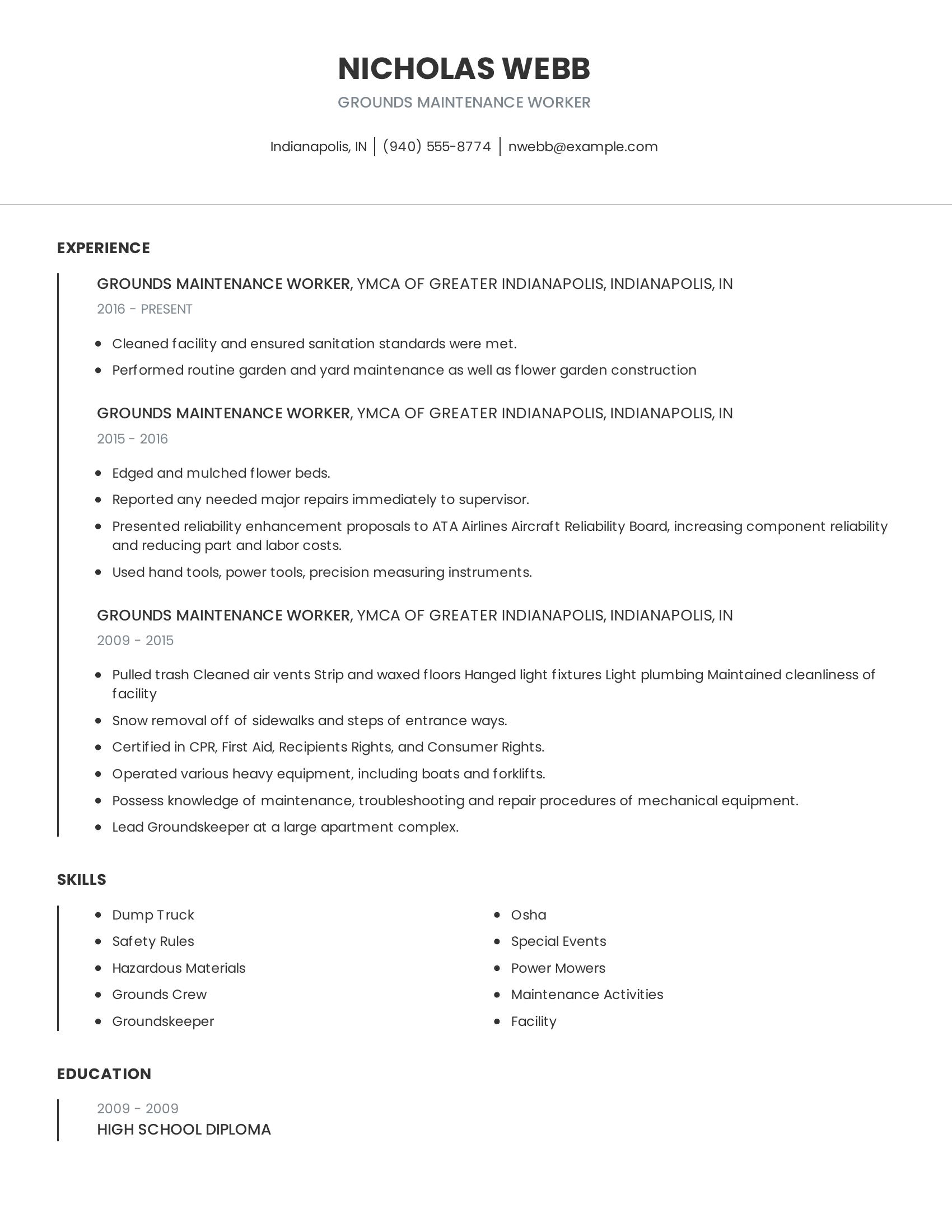 Grounds Maintenance Worker resume example