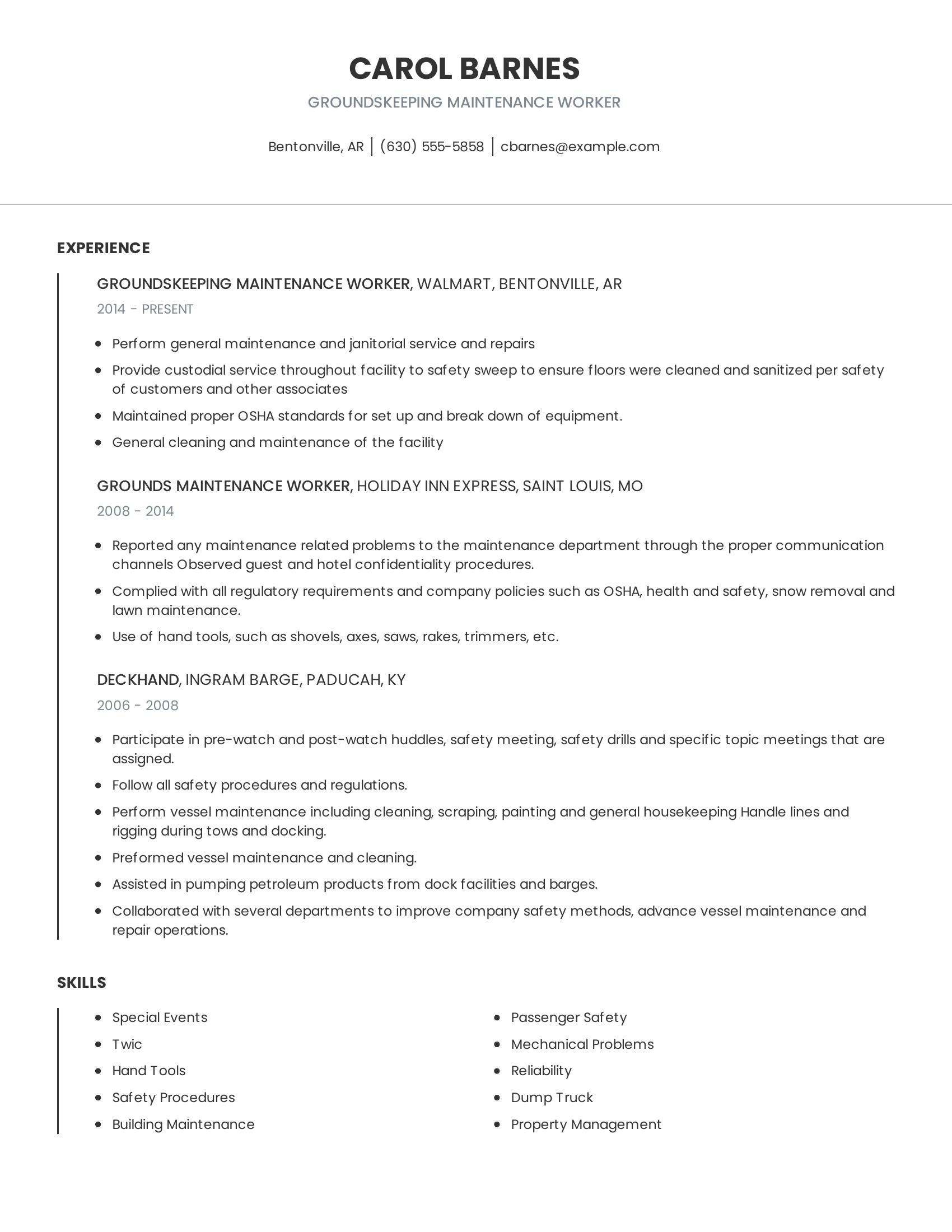 Groundskeeping Maintenance Worker resume example