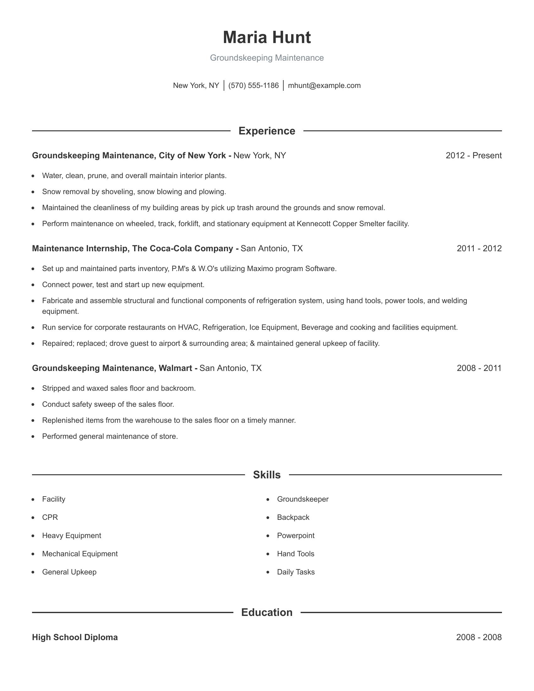 Groundskeeping Maintenance resume example