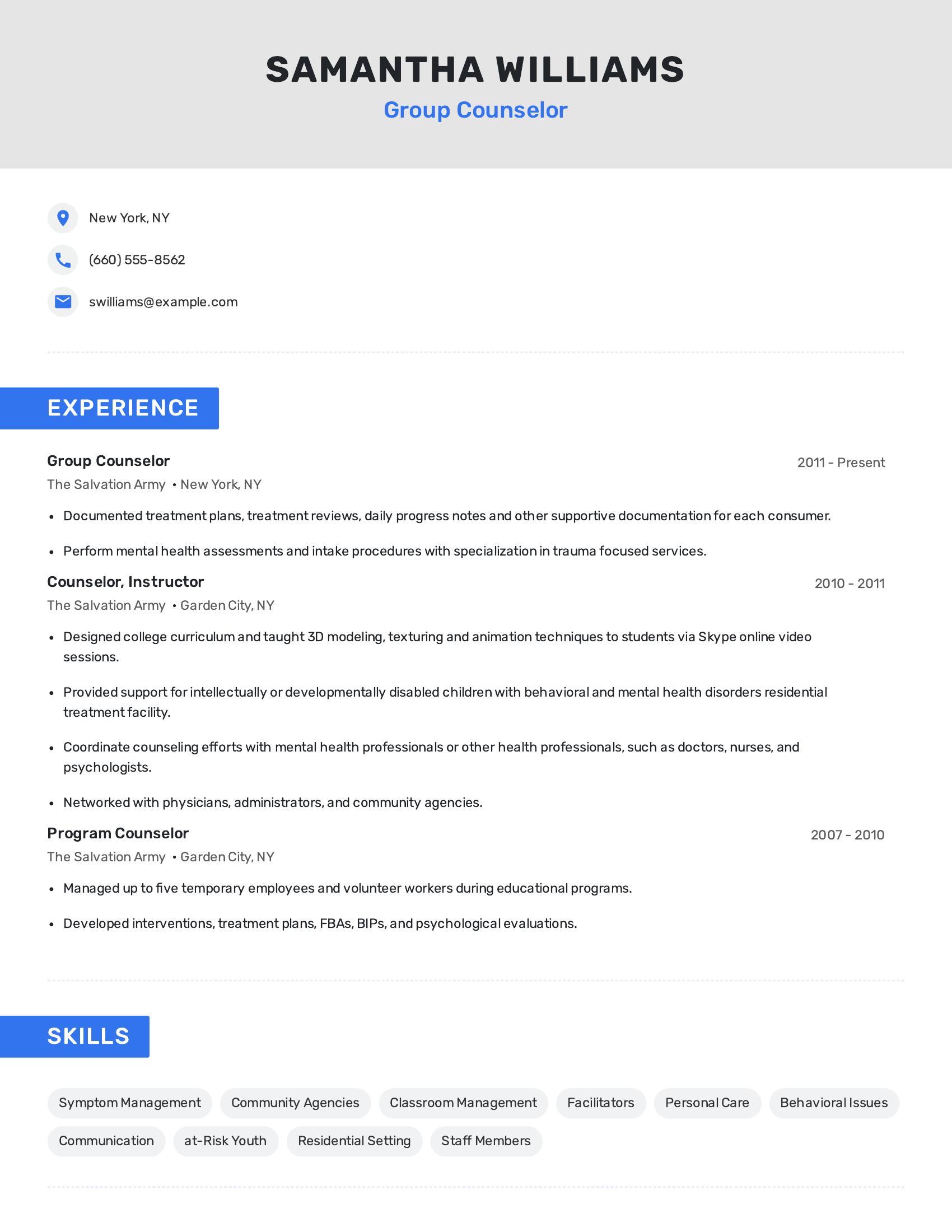 Group Counselor resume example