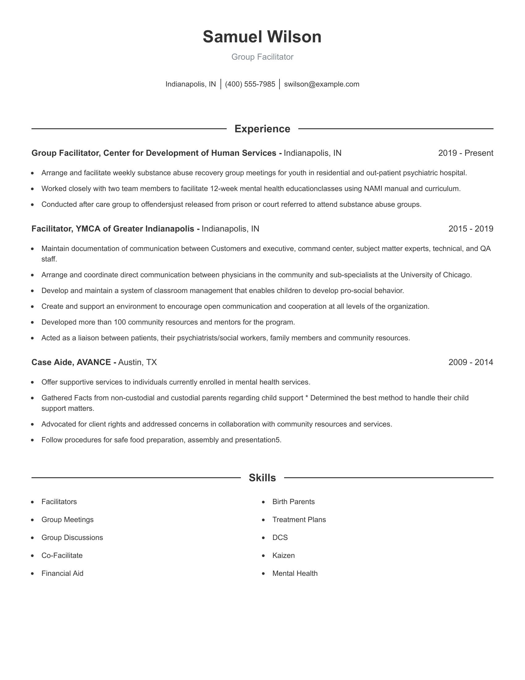 Group Facilitator resume example