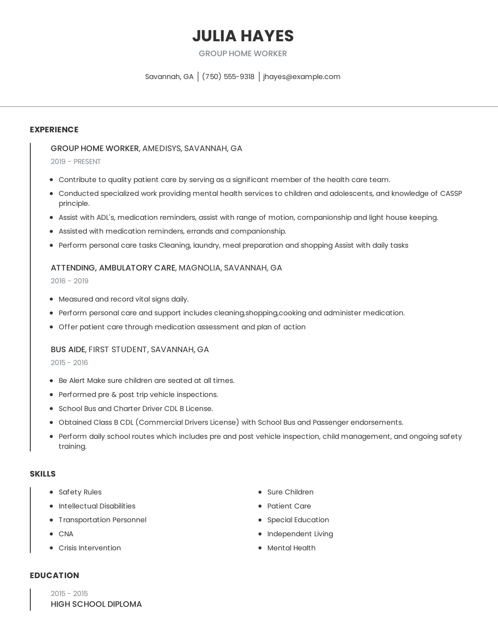 Group Home Worker resume example