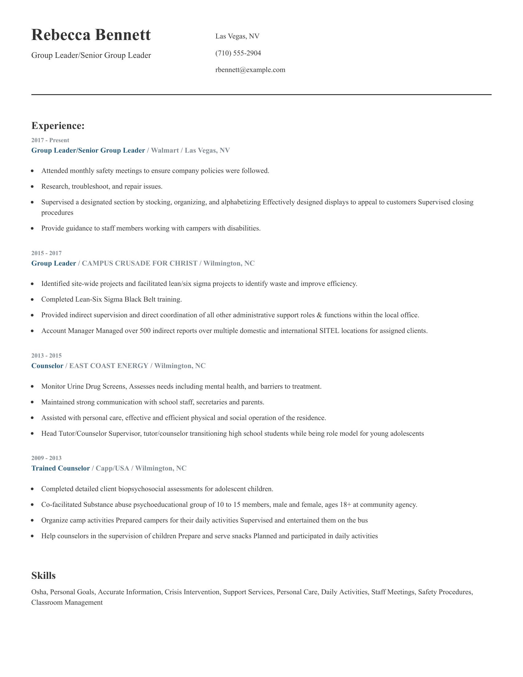 Group Leader/Senior Group Leader resume example