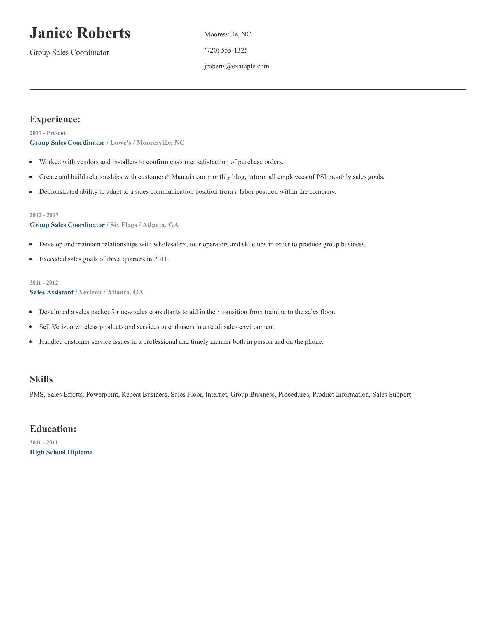 Group Sales Coordinator resume example