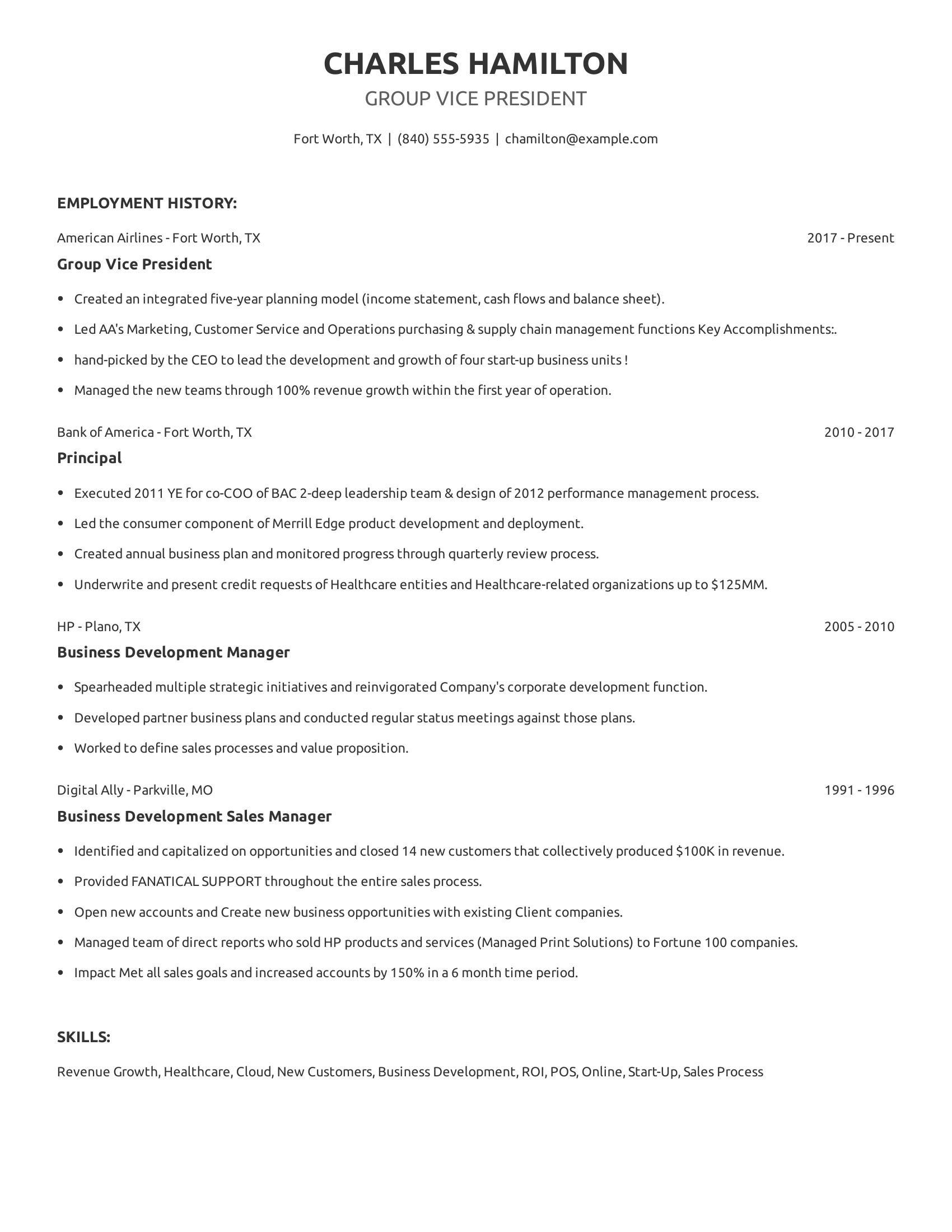 Group Vice President resume example