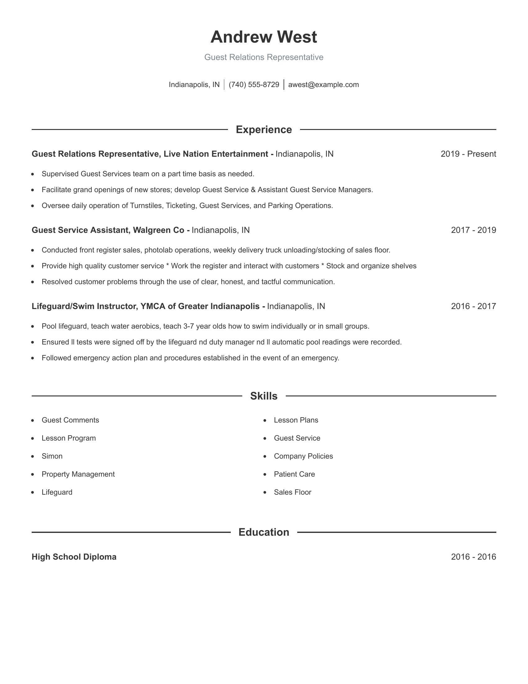 Guest Relations Representative resume example