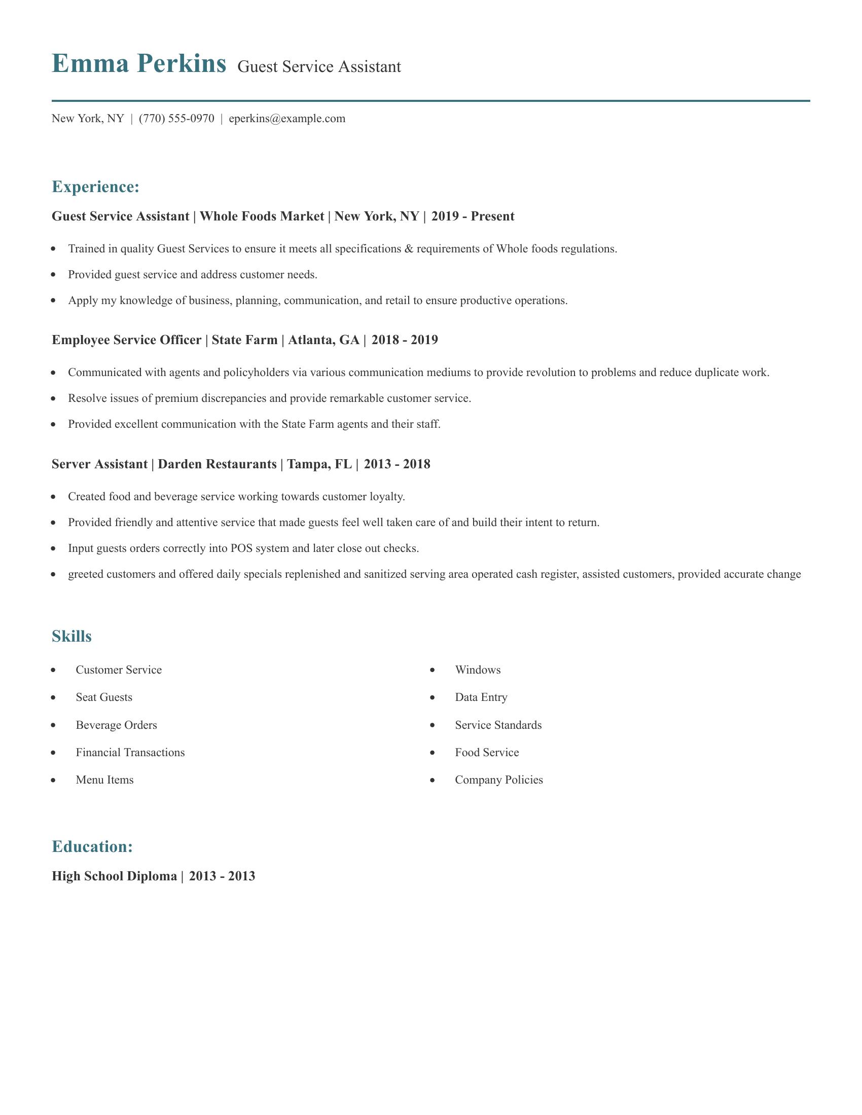 Guest Service Assistant resume example