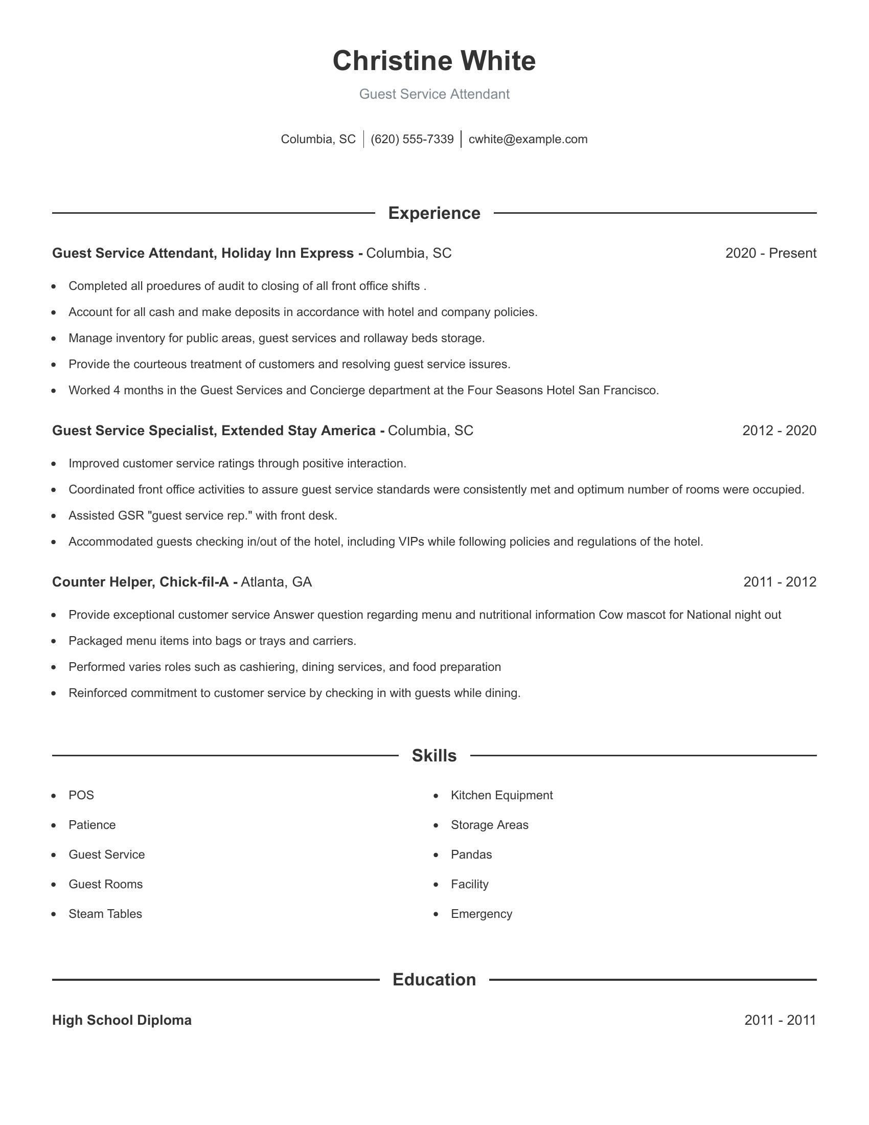 Guest Service Attendant resume example